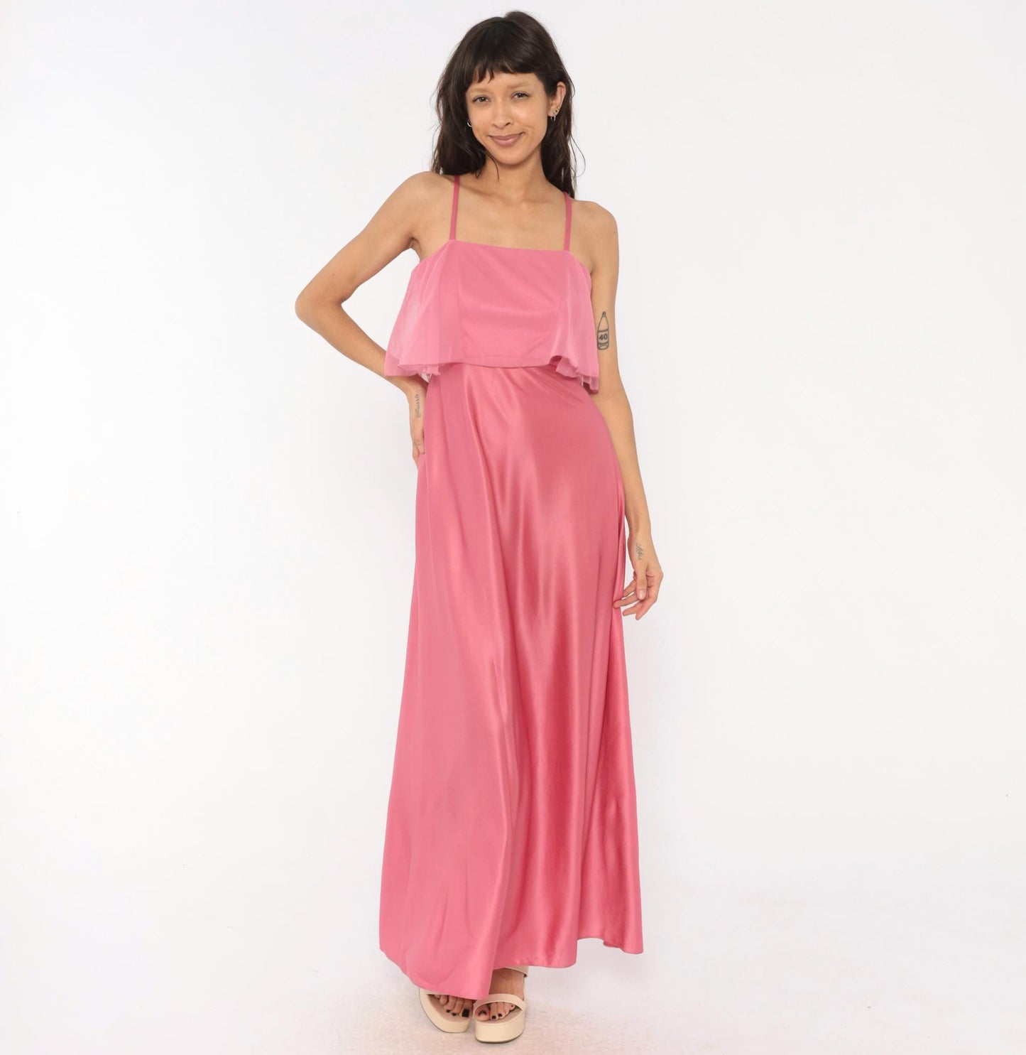 70s Pink Satin Maxi Dress Chiffon Overlay Spaghetti Strap Floor Length Small