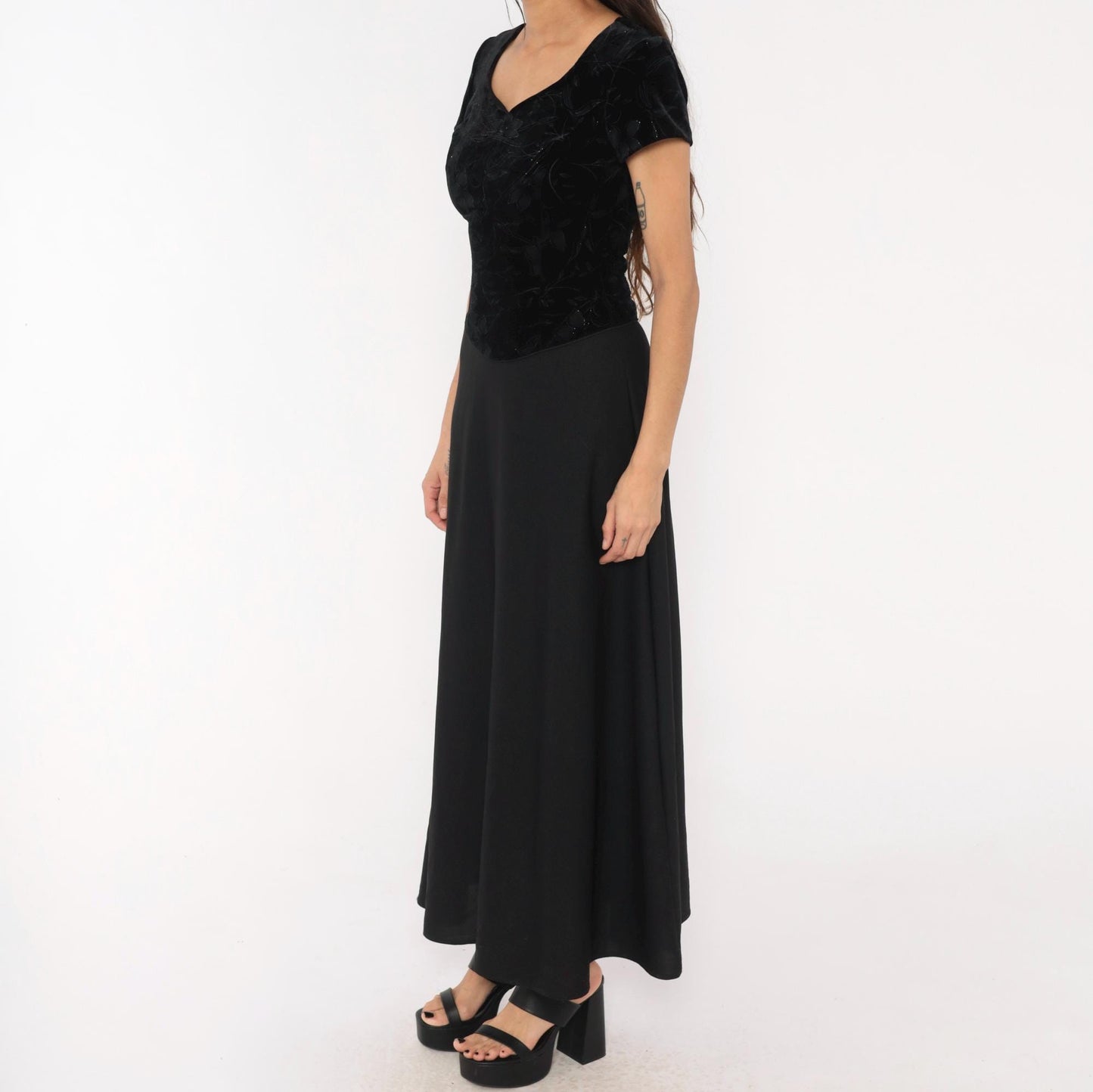 90s Southeastern Velvet Burnout Maxi Dress Black Floral V-Neck Extra Small