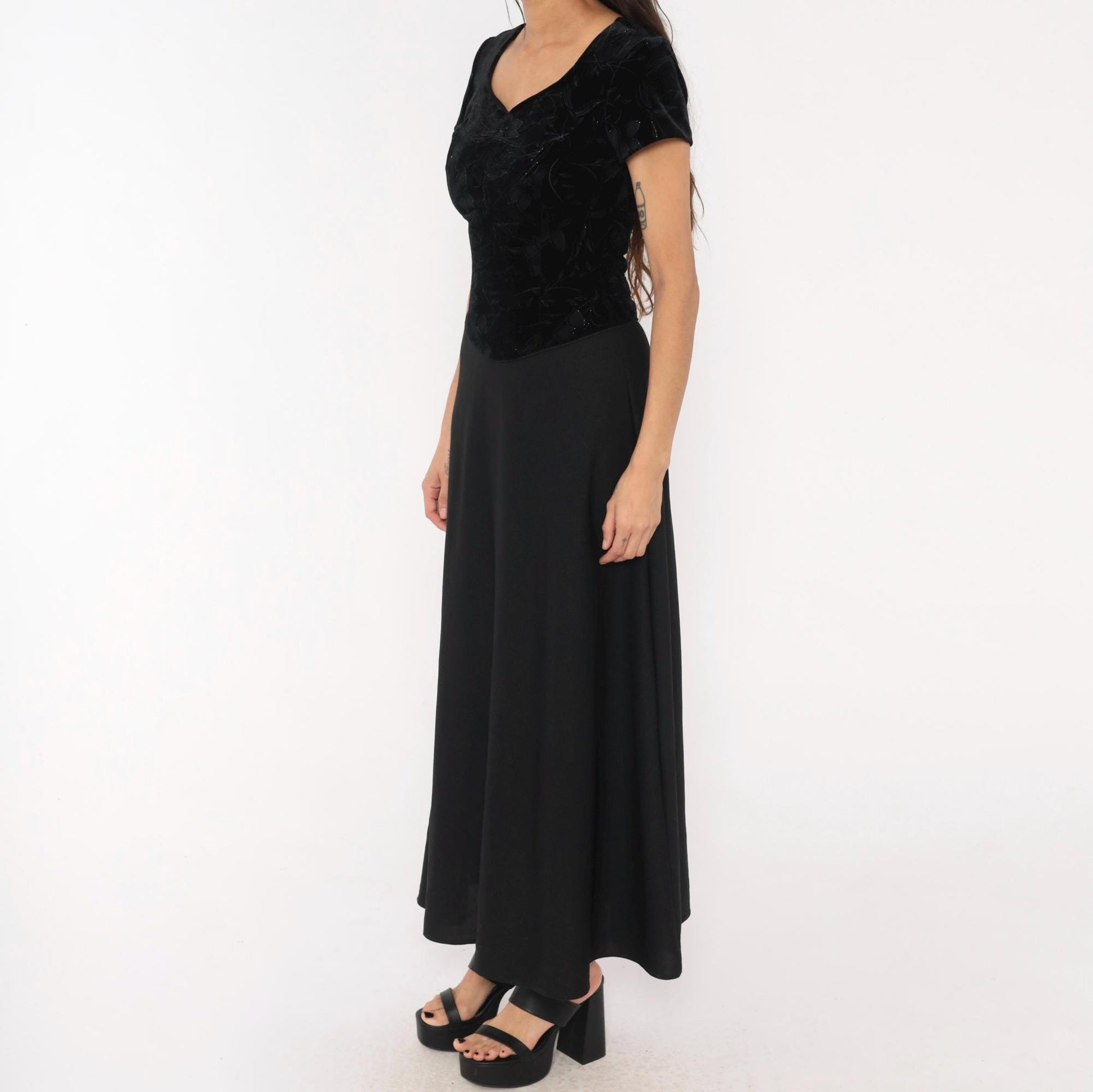 90s Southeastern Velvet Burnout Maxi Dress Black Floral V-Neck Extra Small