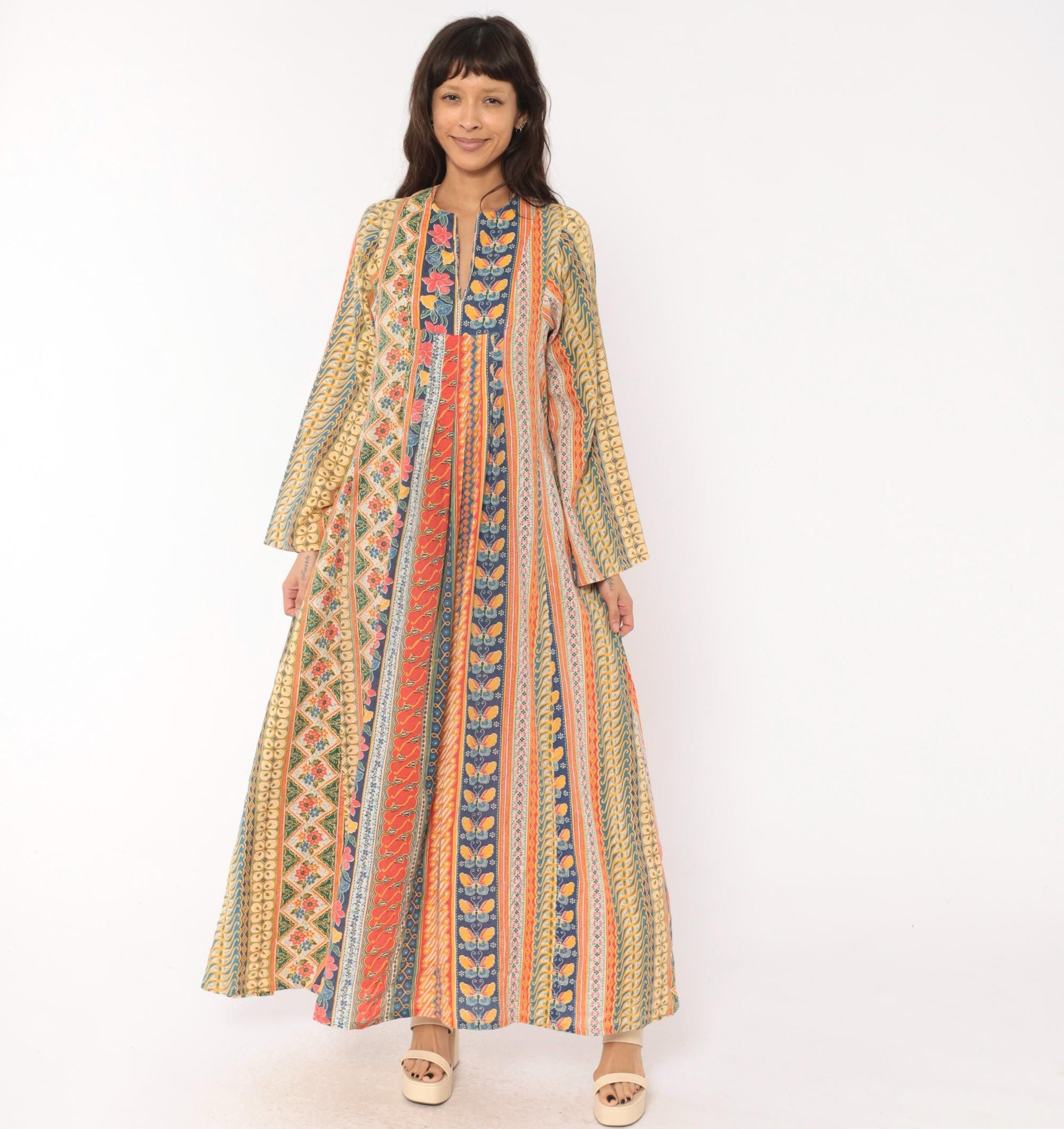 70s Frances Decourcy Batik Caftan Cotton Maxi Dress Floral Butterfly Print Multicolor Medium