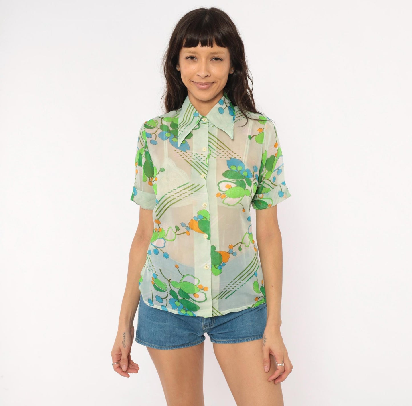 70s Nobel Floral Button-Up Blouse Mint Green Blue Orange Pointed Collar Small