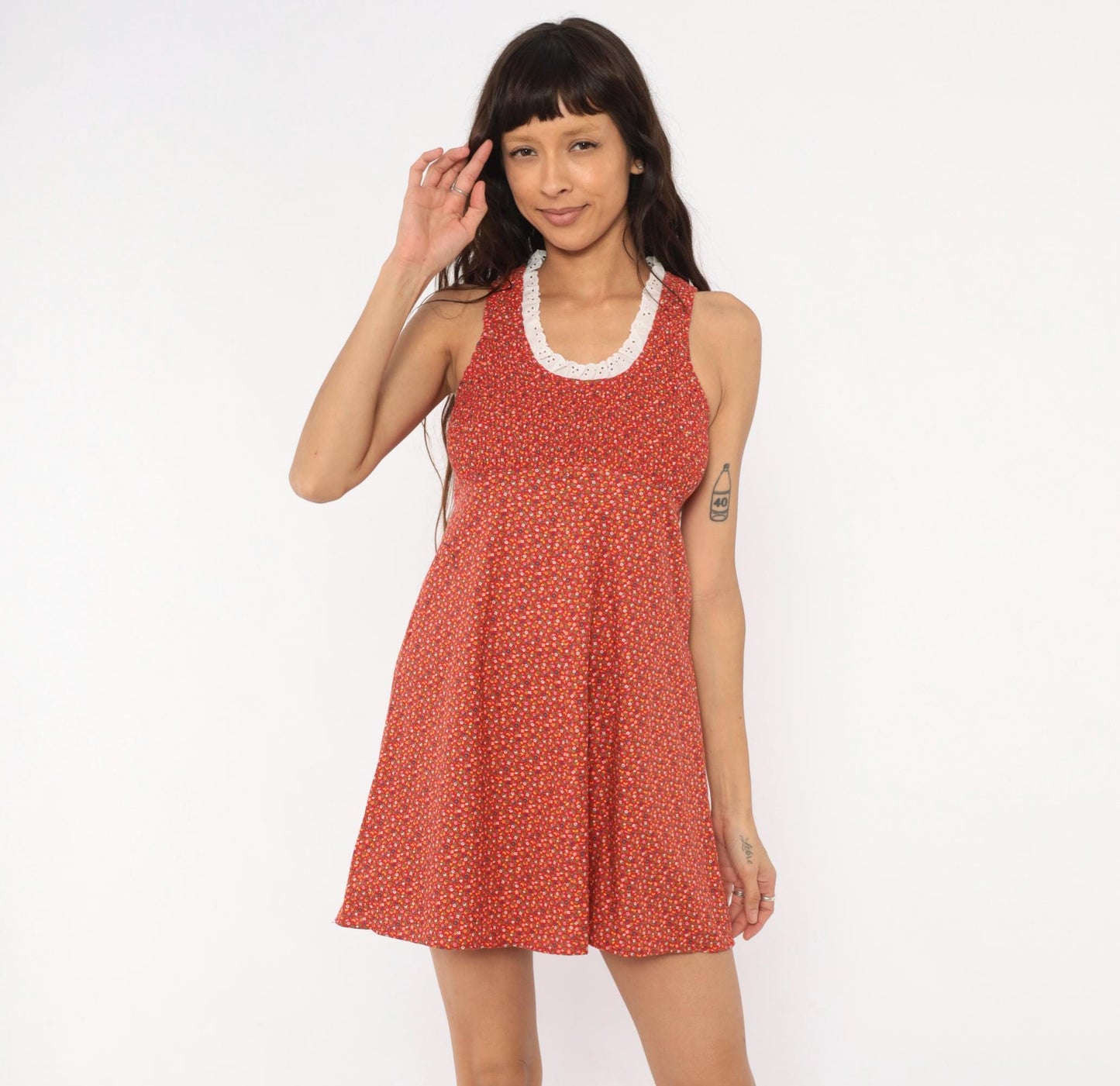 70s Red Ditsy Floral Mini Dress Cotton Eyelet Lace Smocked Small