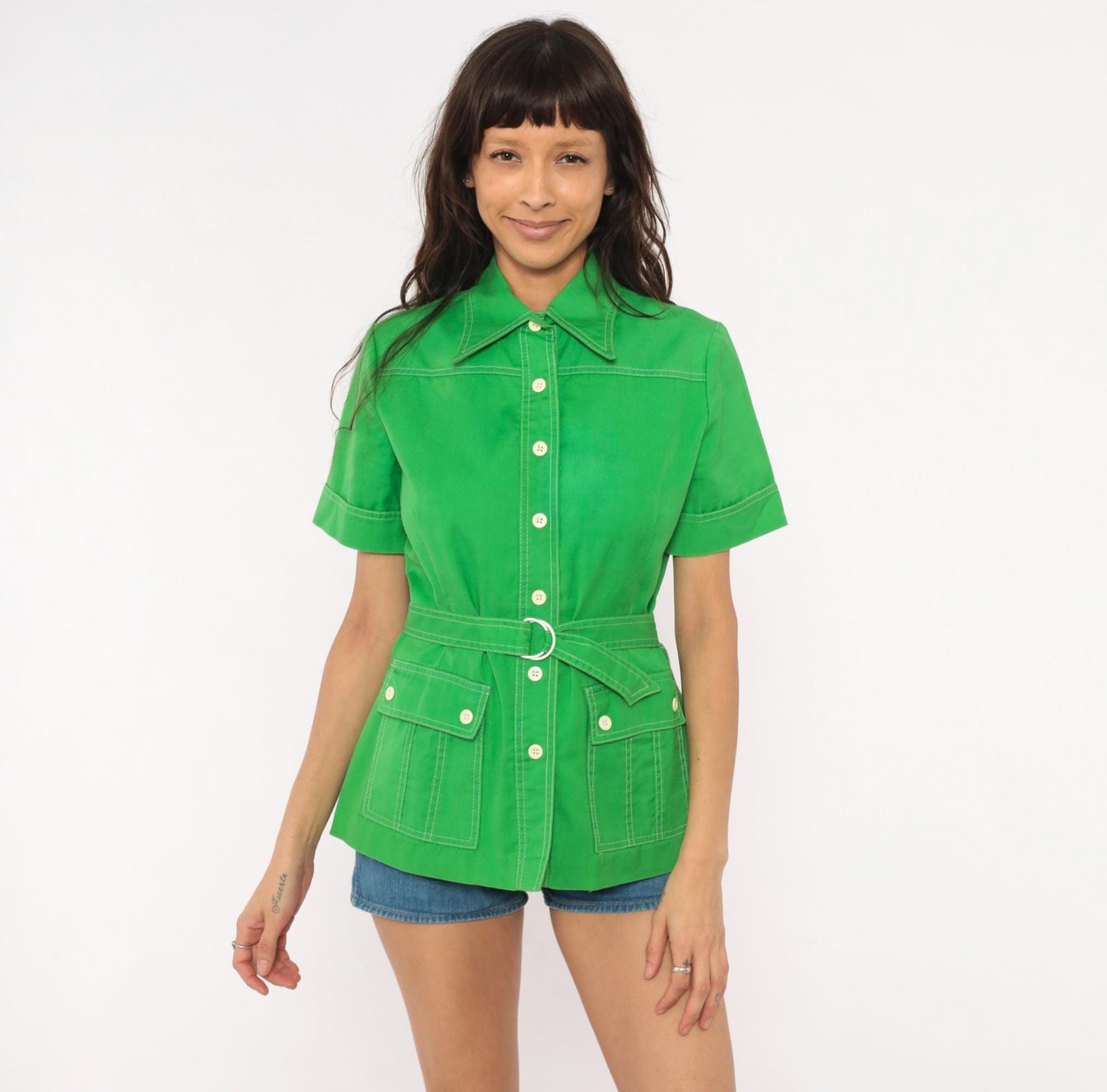 70s Bronson of California Safari Blouse Green Cotton Pointed Collar Small