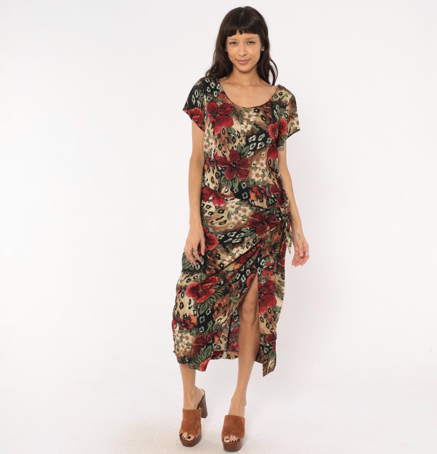 90s Lew Magram Floral Leopard Midi Dress Red Hibiscus Animal Print Large L
