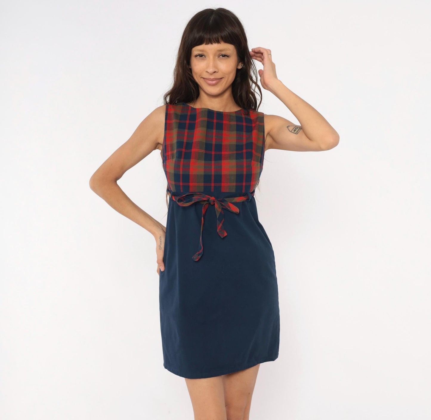 60s College Town Boston Plaid Mini Dress Navy Red Tartan Shift Tie Waist Extra Small XS