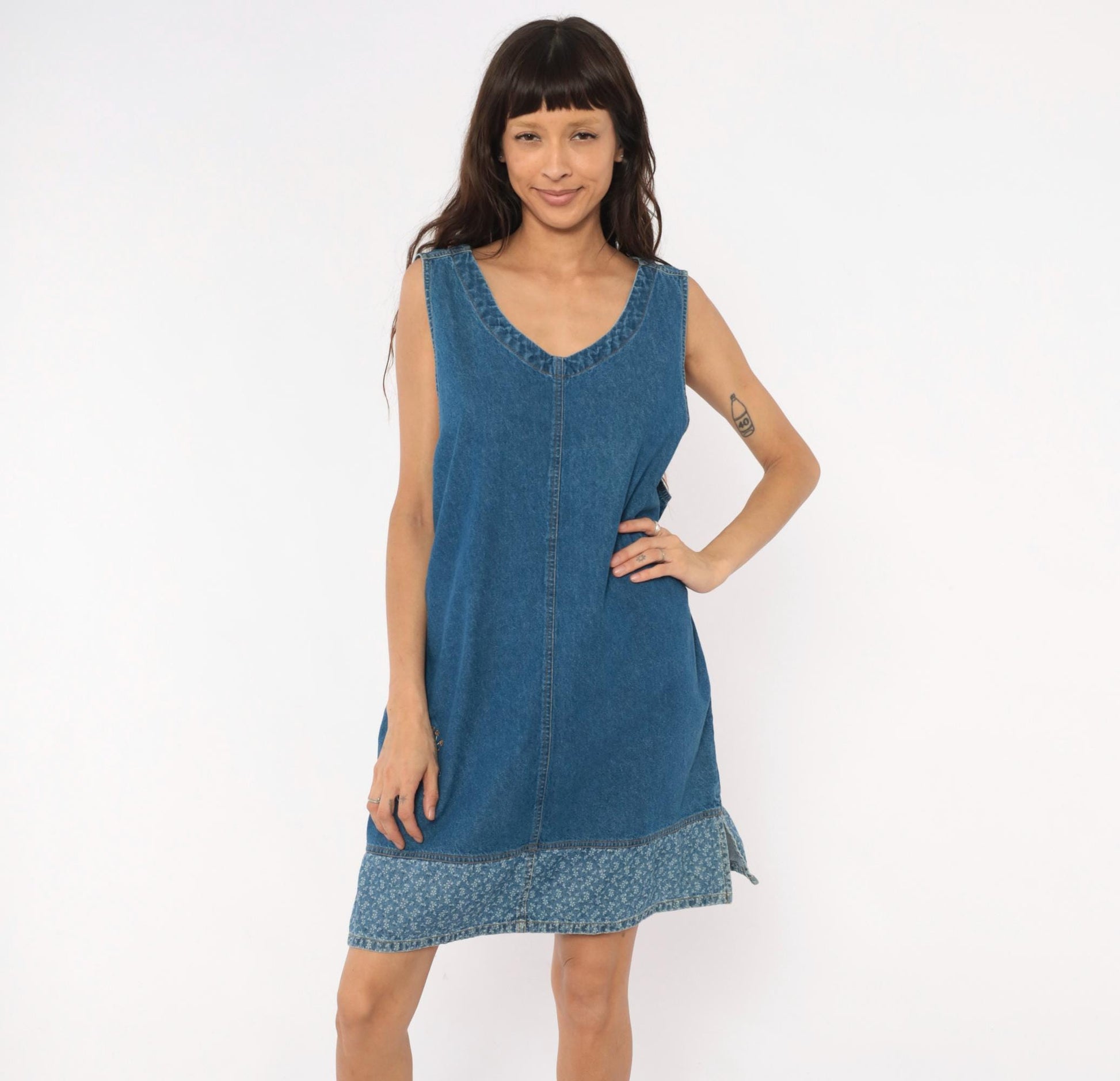 90s Erika & Co. Denim Shift Dress Embroidered Floral Cobalt Extra Large XXL