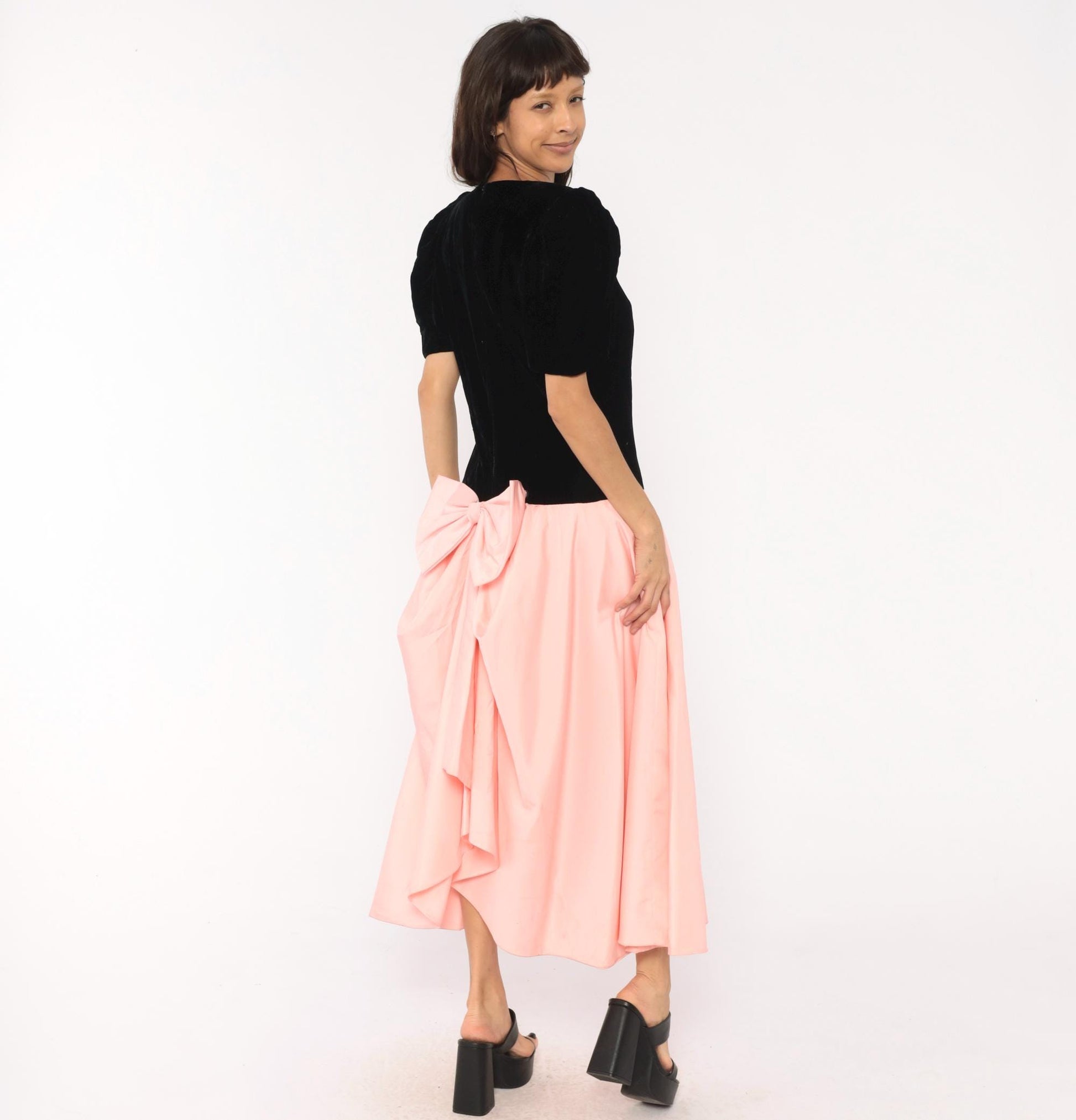 80s S.G. Gilbert Black Velvet Puff Sleeve Maxi Dress Pink Satin Bow Large