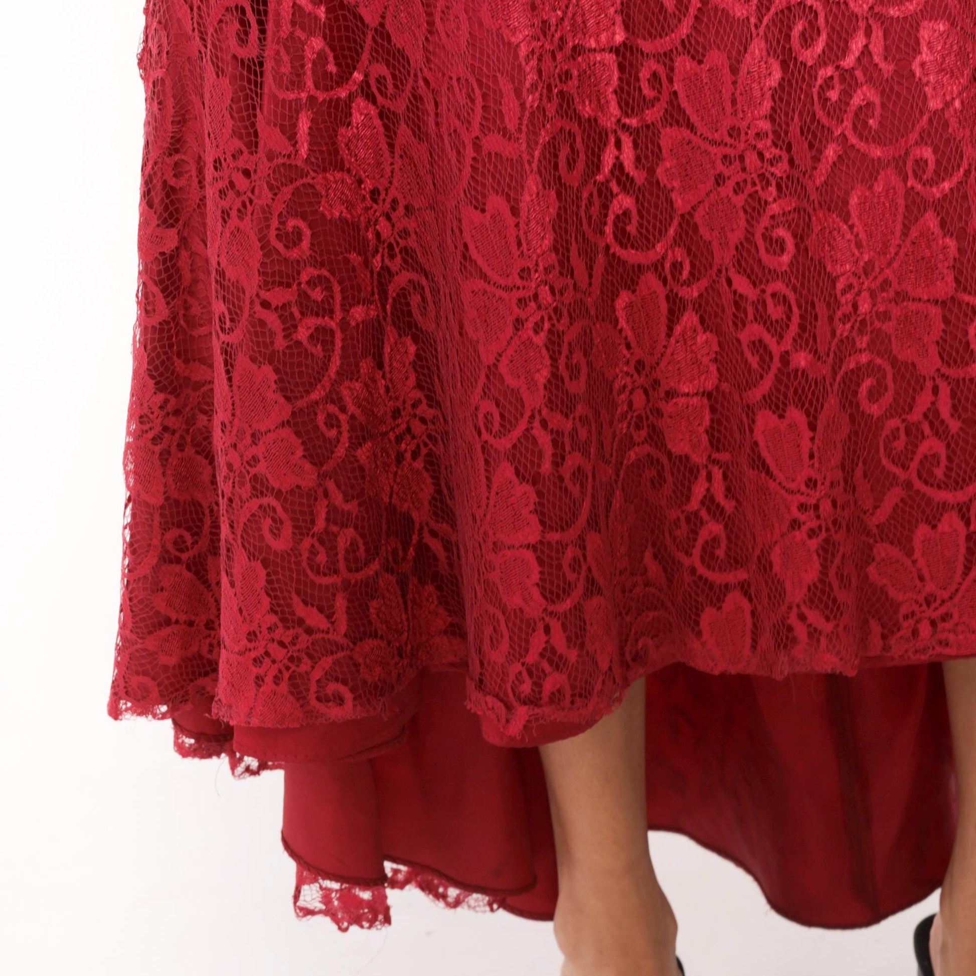 80s Burgundy Satin Slip Dress Mermaid Lace Hem V Neck Low Back Large L