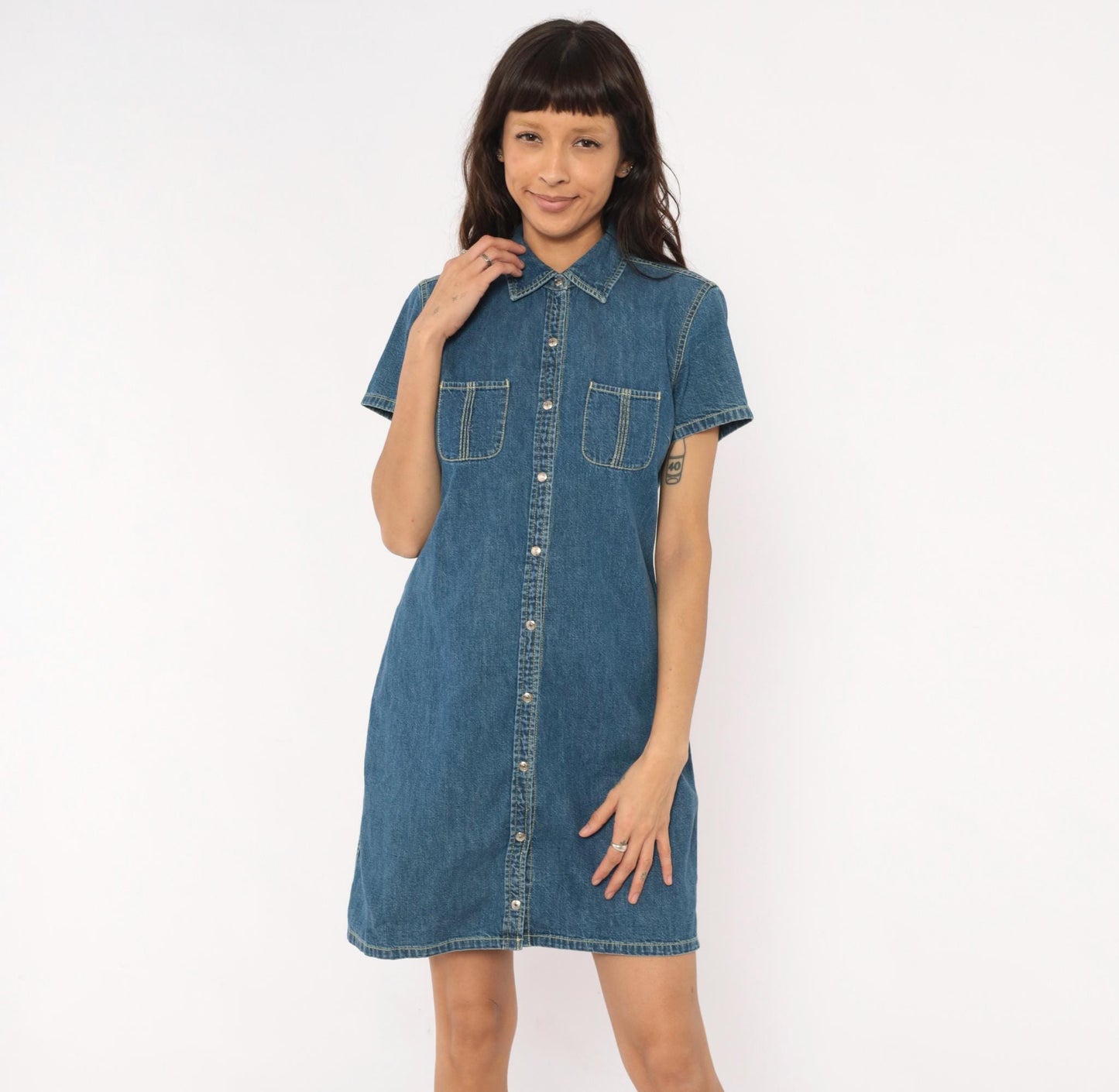 Y2K Tommy Hilfiger Denim Shirt Dress Blue Jean Snap Front Small S