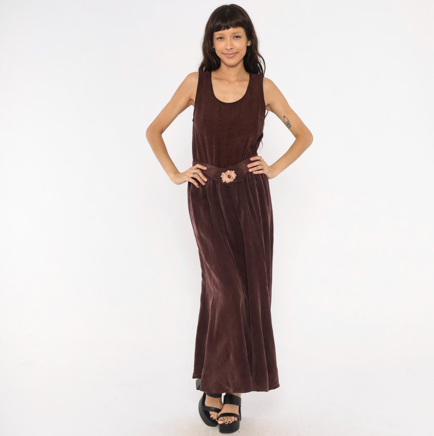 90s Plum Velvet Maxi Dress Sleeveless Scoop Neck Floral Belt Small Medium