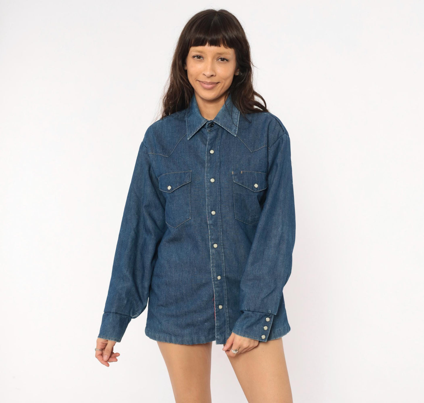 80s JC Penney Western Denim Shirt Cobalt Blue Pearl Snap Yoke Medium