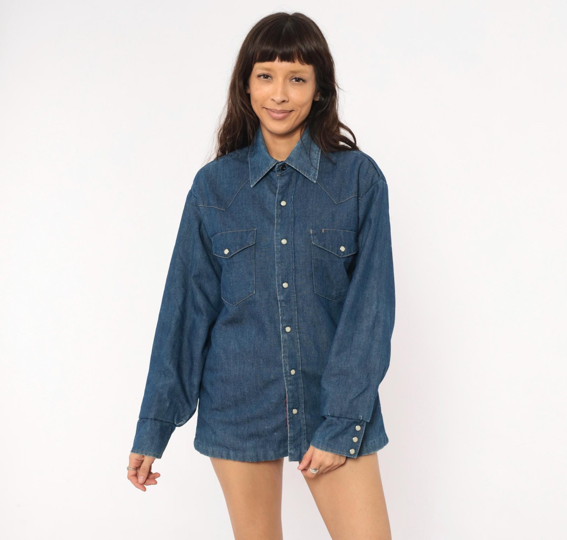80s JC Penney Western Denim Shirt Cobalt Blue Pearl Snap Yoke Medium