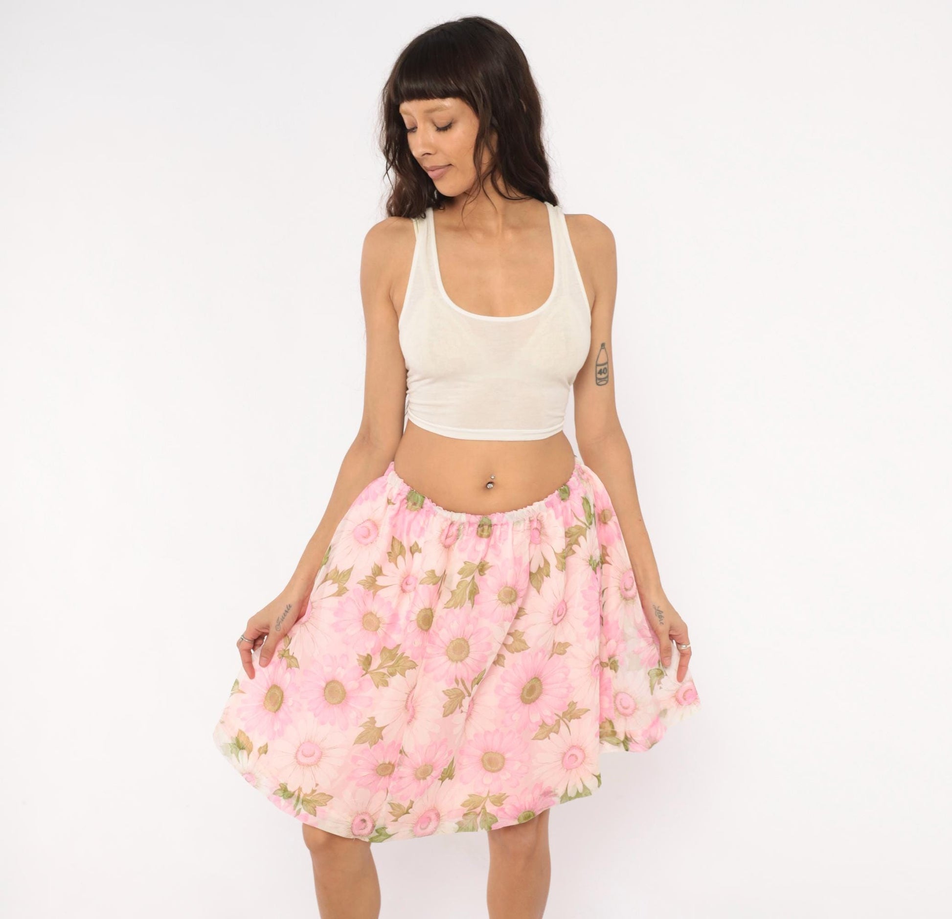 70s Pink Daisy Floral Skirt Gathered Waist A-Line Knee Length Medium Large