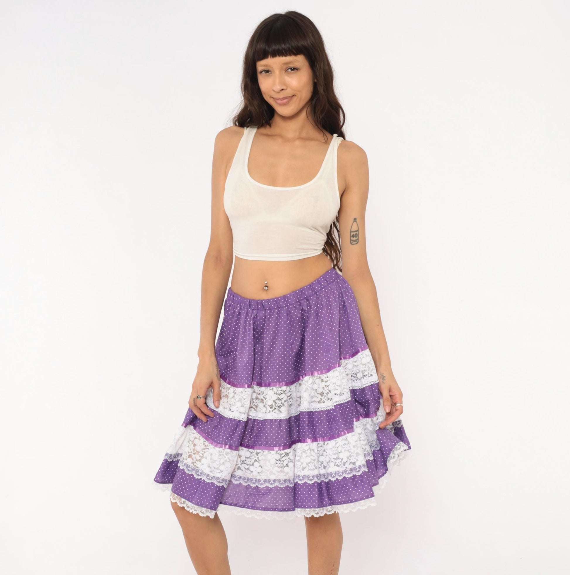 80s Purple Polka Dot Tiered Skirt Carefree Fashions Lace Trim Cotton Medium