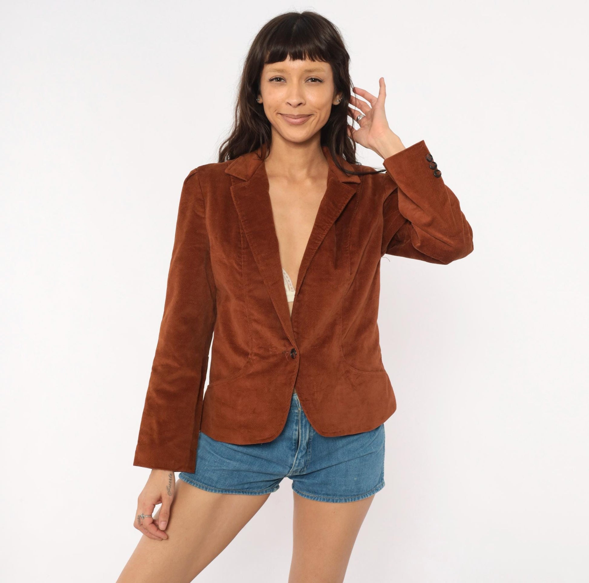 70s Brown Velvet Blazer Single Button Puff Shoulder Fitted Jacket Small