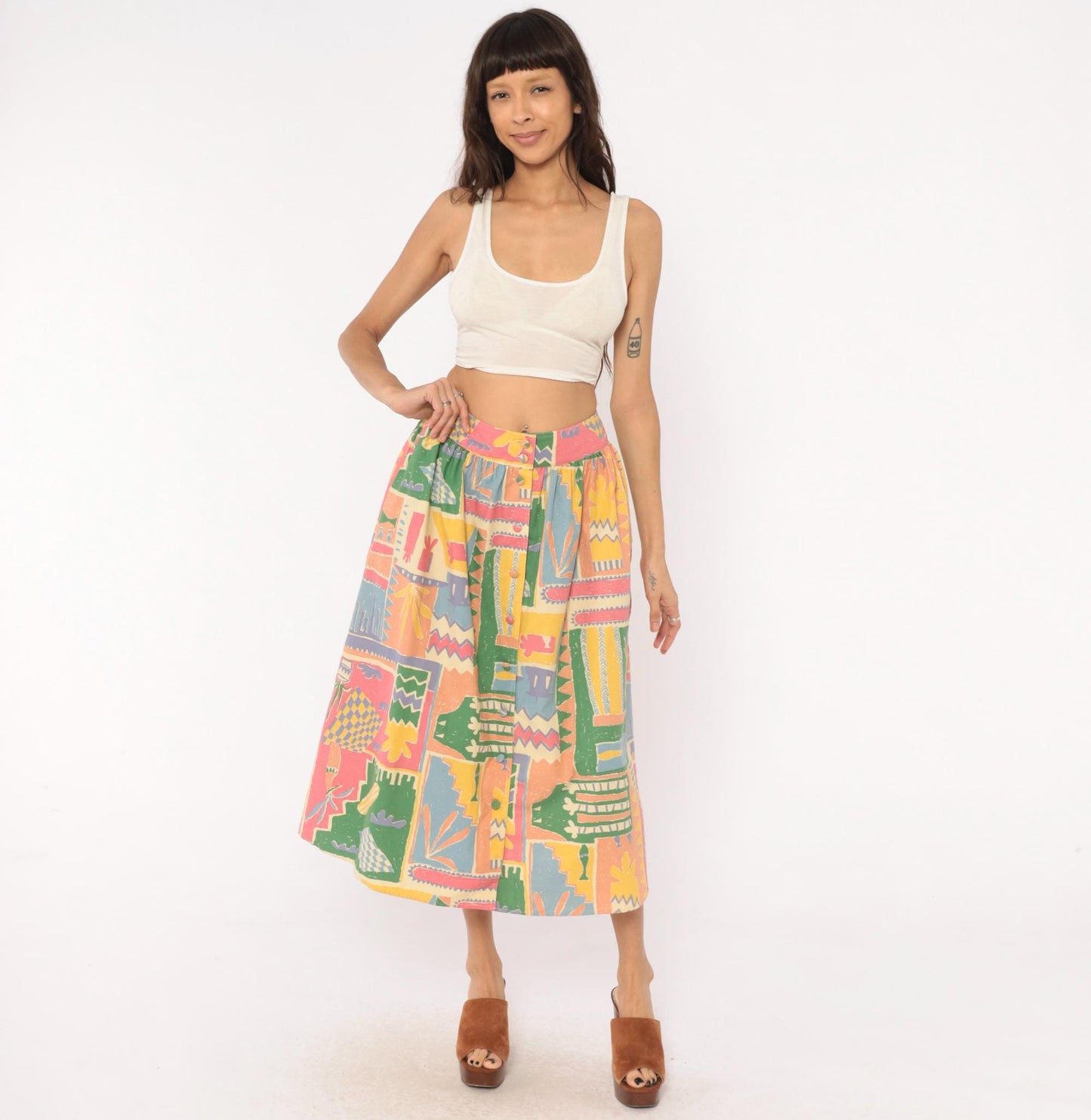 90s Laura Ashley Abstract Print Midi Skirt Cotton Button Front Multicolor Medium
