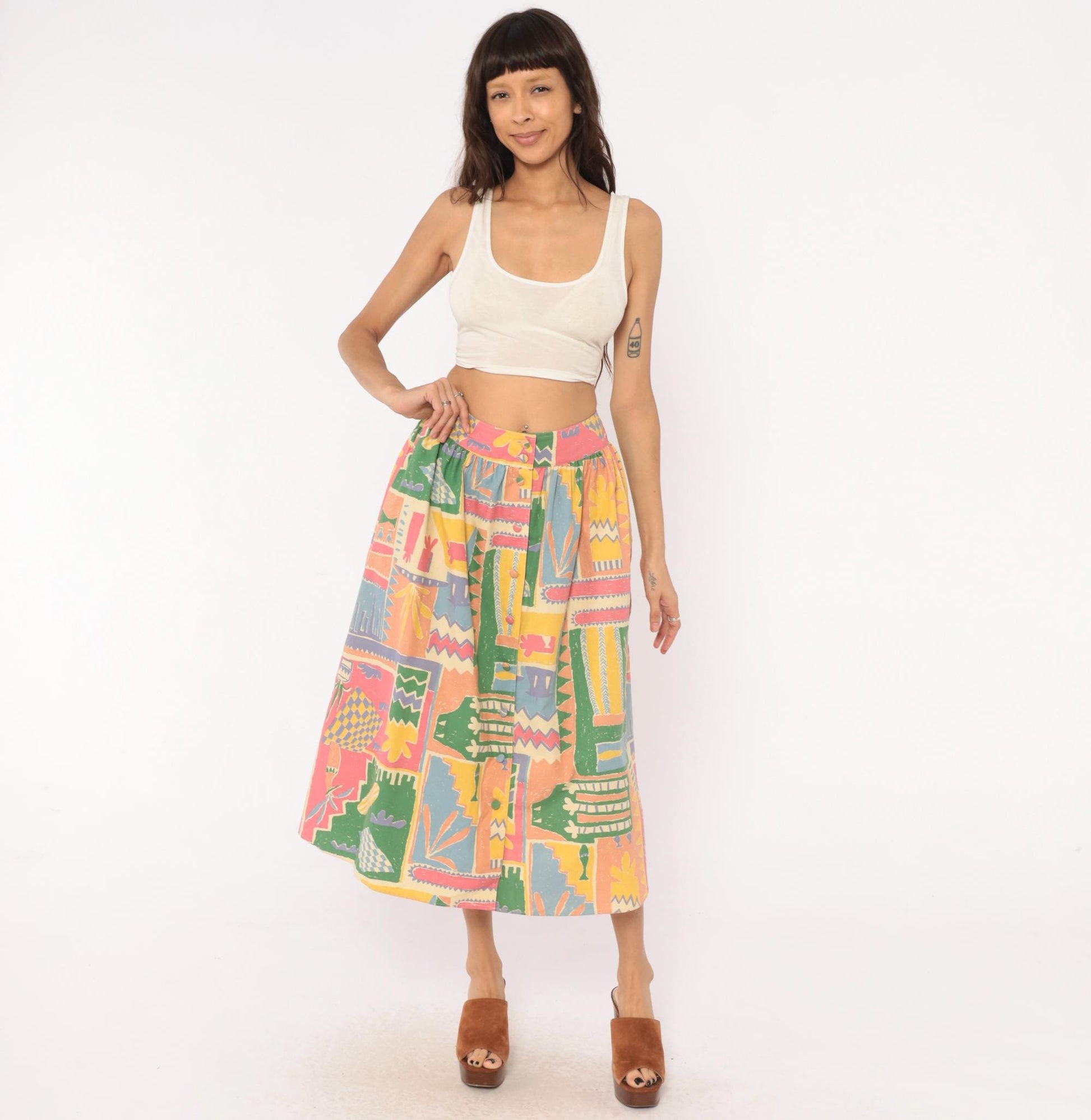90s Laura Ashley Abstract Print Midi Skirt Cotton Button Front Multicolor Medium