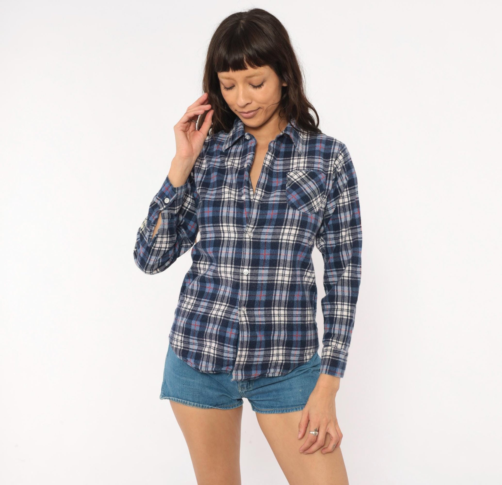 80s JC Penney Navy Plaid Flannel Shirt Cotton Button-Up XS
