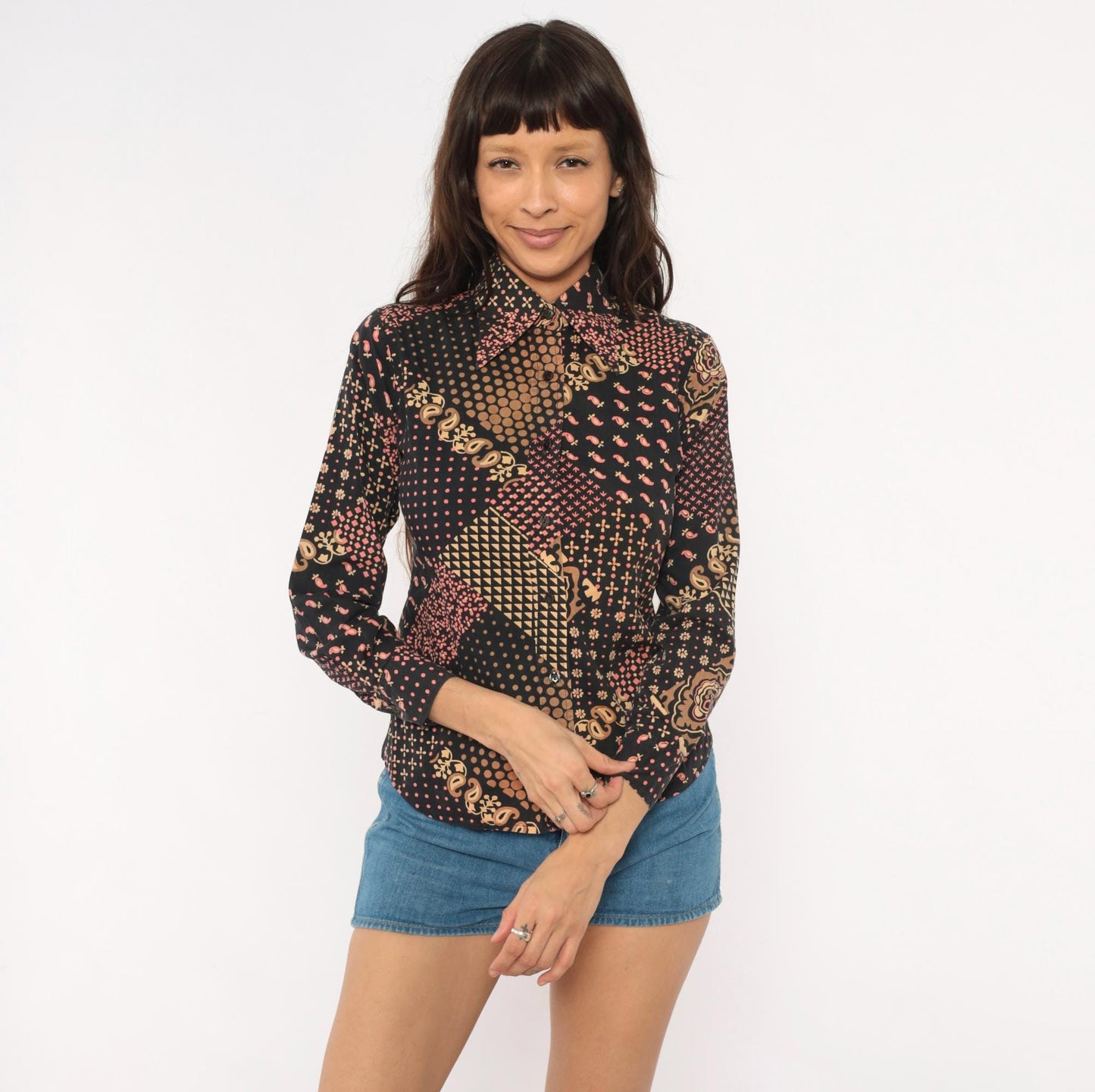 70s Gina Fashion Patchwork Button Blouse Black Pink Tan Paisley Cotton Extra Small
