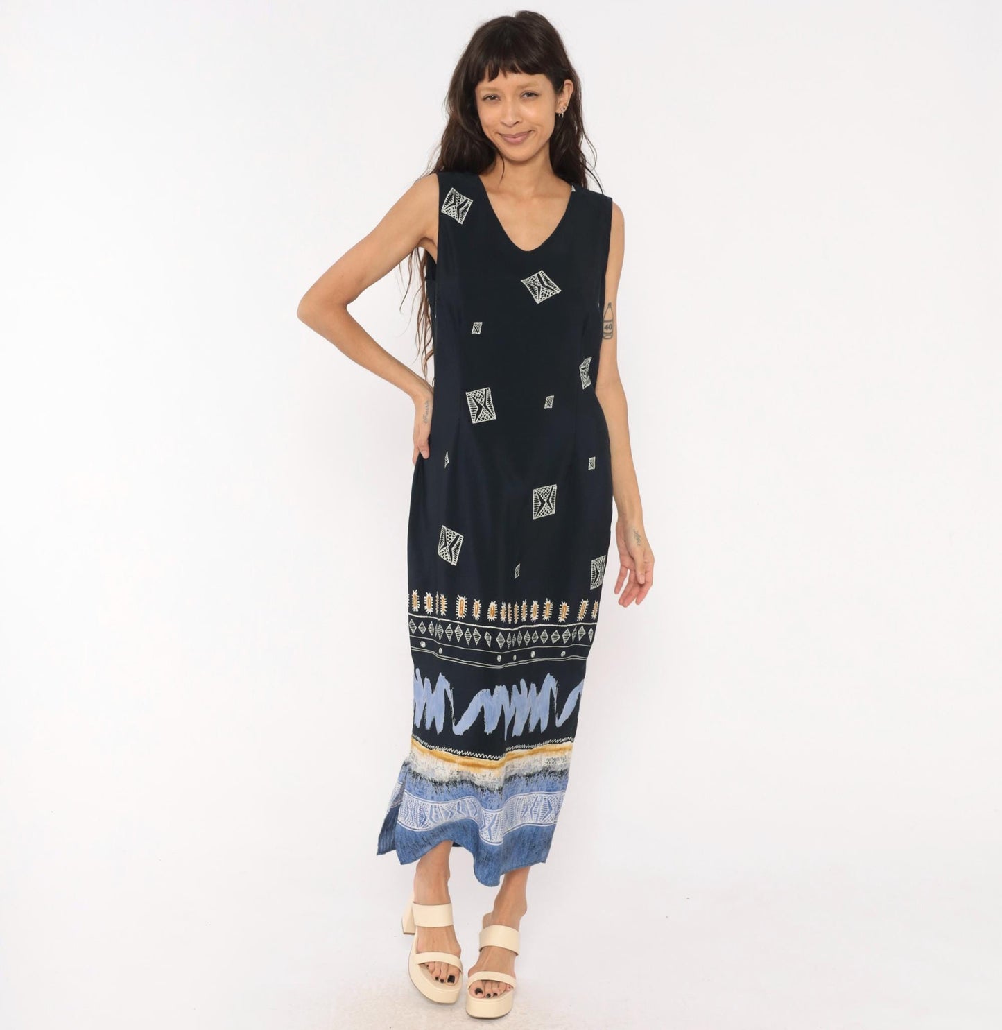 90s Dress Barn Navy Maxi Dress Geometric Tribal Border Sleeveless Large L