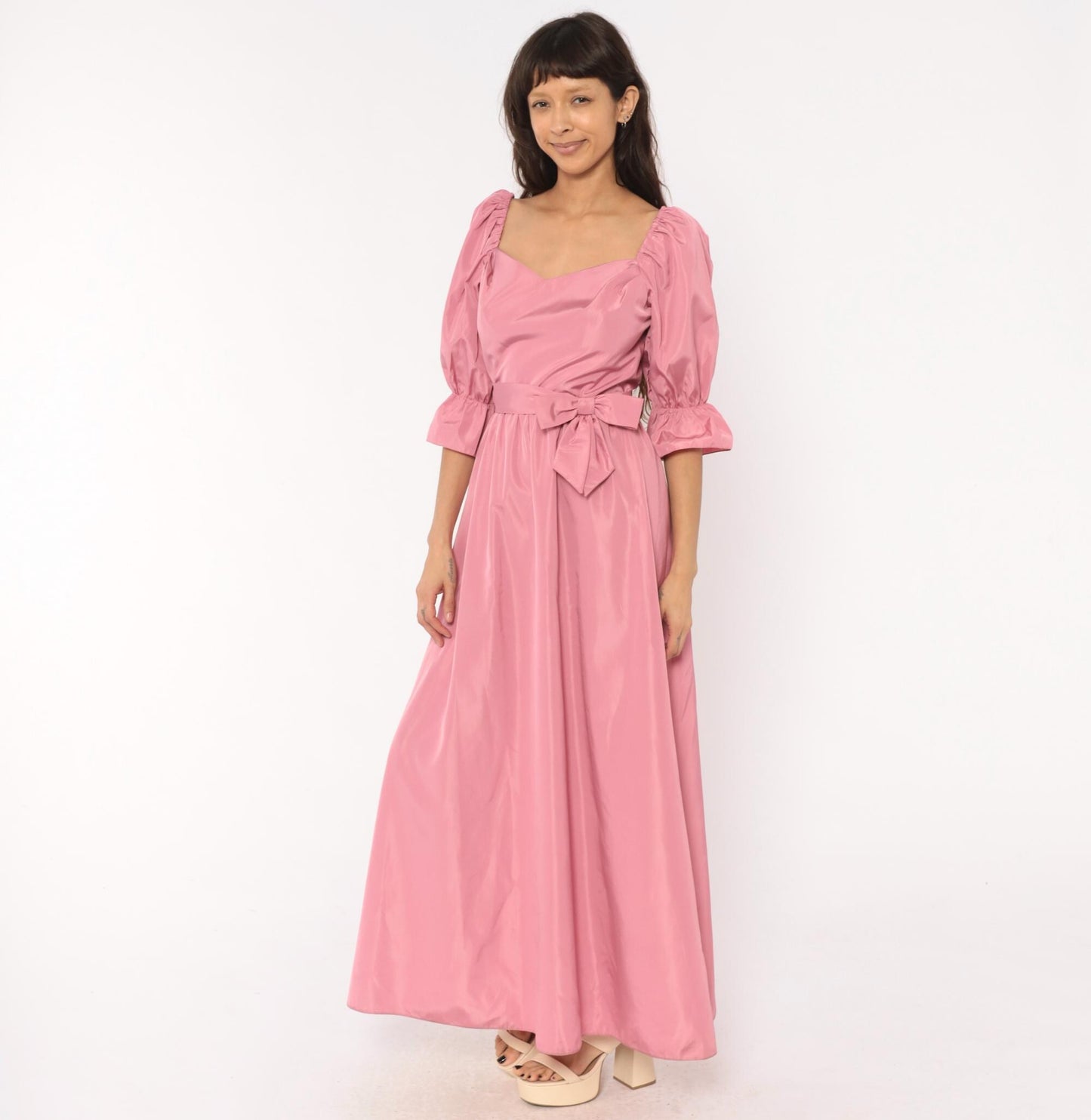 80s Rose Pink Maxi Gown Sweetheart Puff Sleeve Bow Belt Small