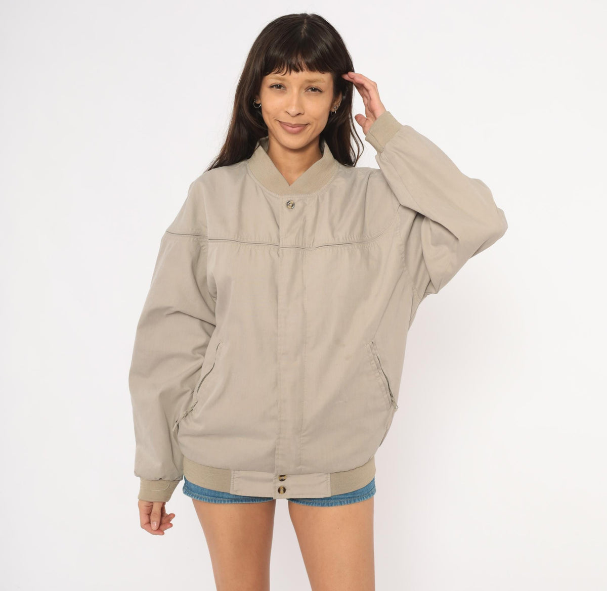 80s Windbreaker Bomber Jacket Tan Ribbed Knit Collar Small