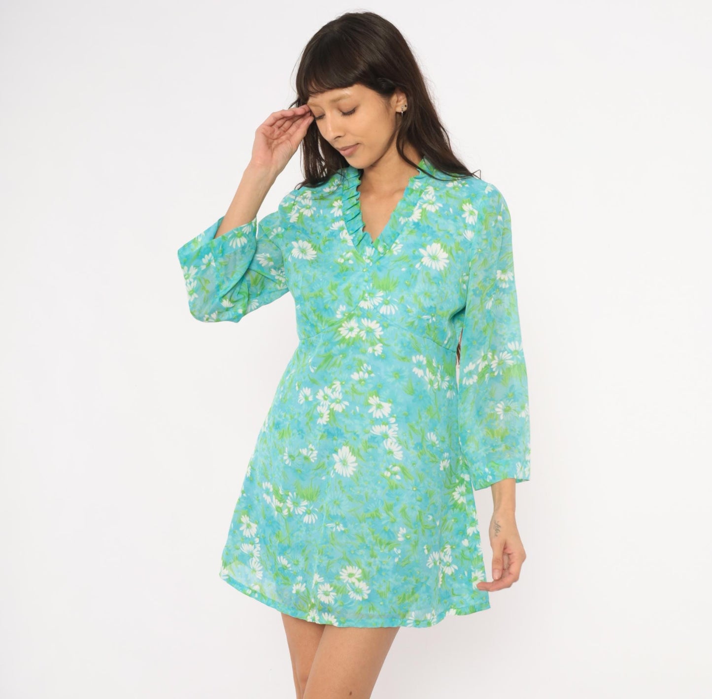 70s Daisy Floral Mini Dress Aqua Bell Sleeve A-Line Large L