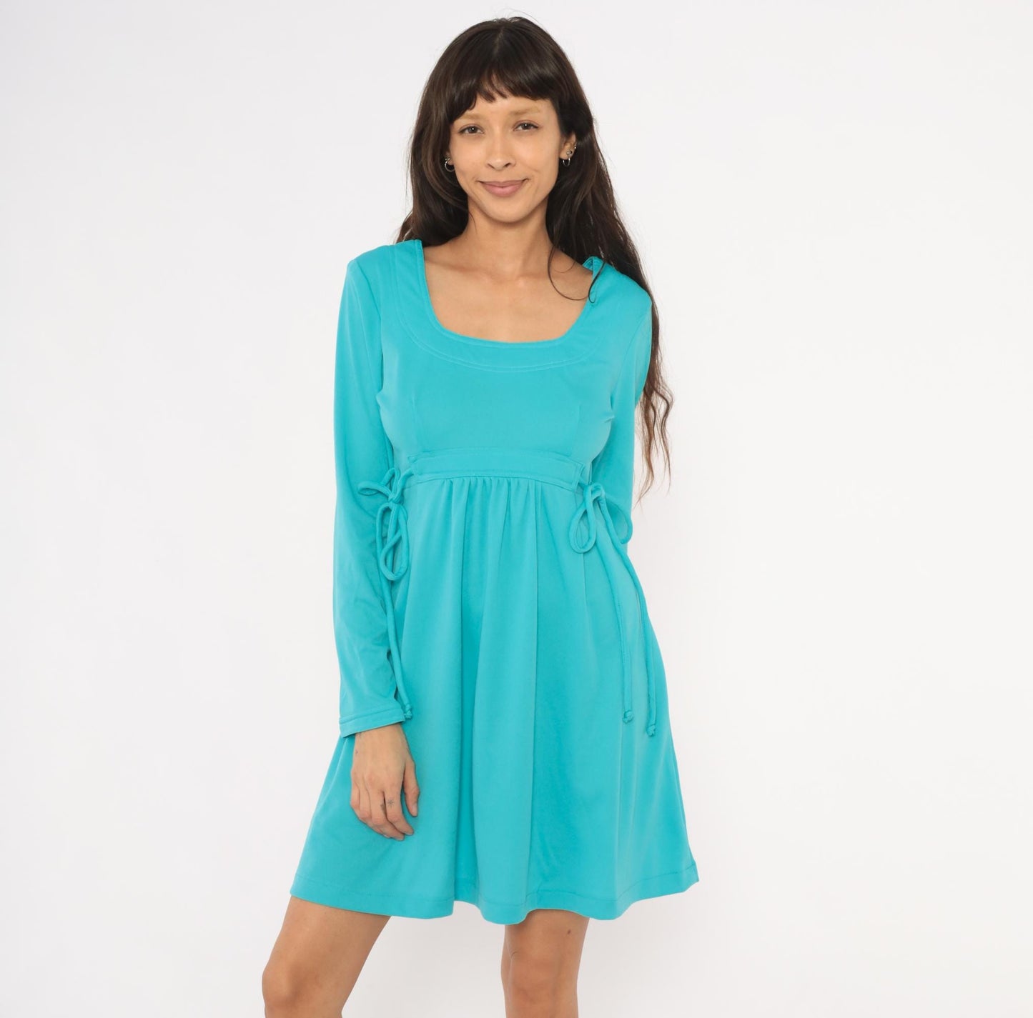 70s Aqua Babydoll Mini Dress Empire Waist Tie Side Long Sleeve Medium M