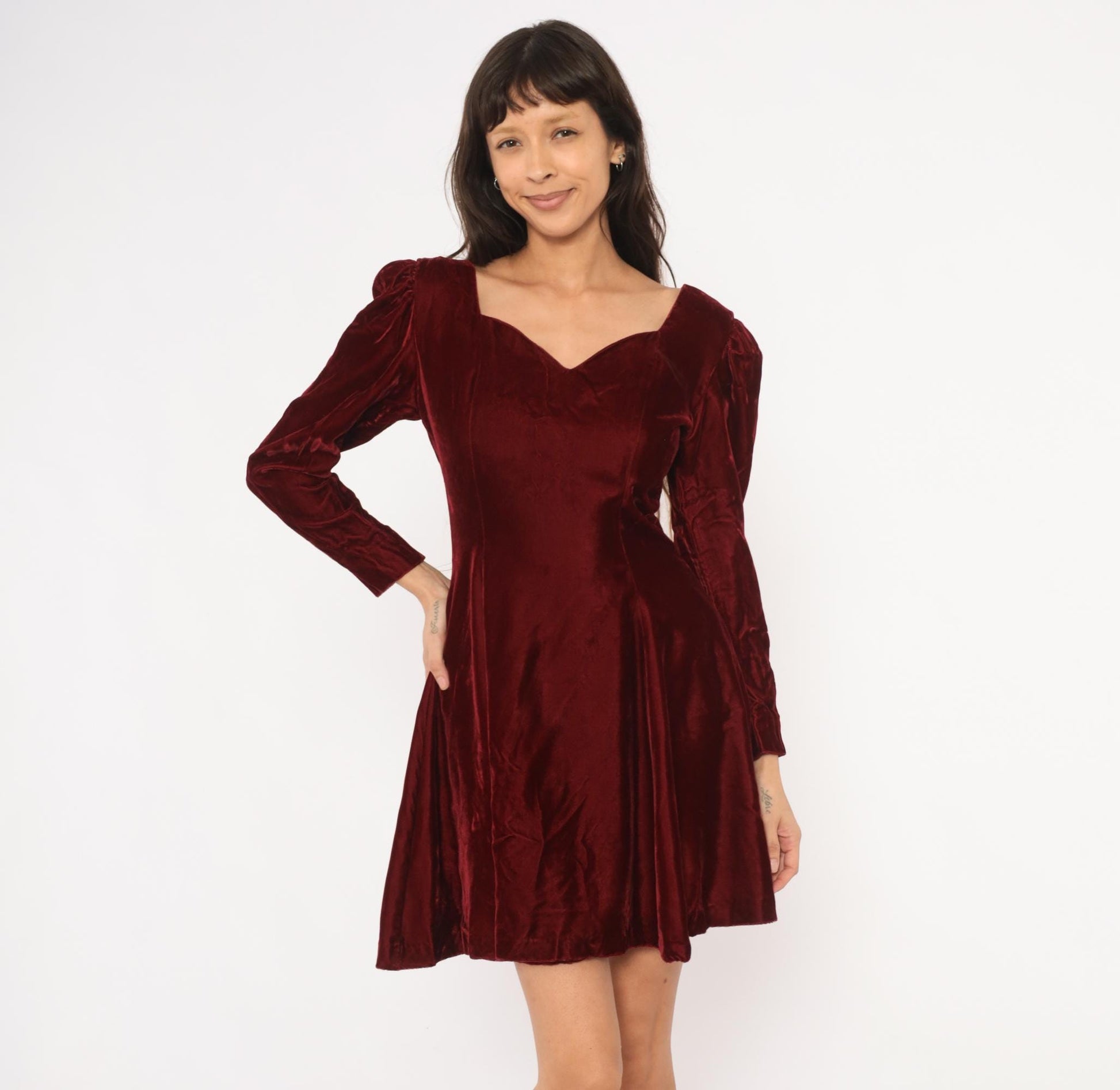 90s Perspective Burgundy Velvet Mini Dress Sweetheart Neckline Puff Sleeve Small S