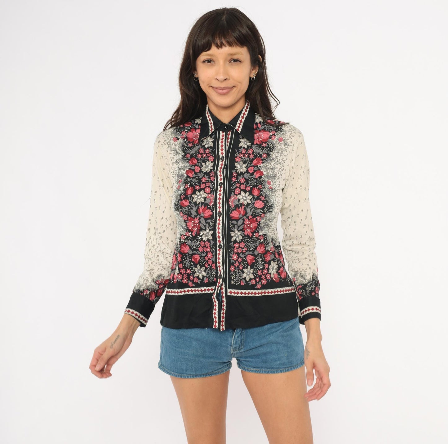 70s Floral Nylon Button-Front Blouse Black Red Cream Pointed Collar Small