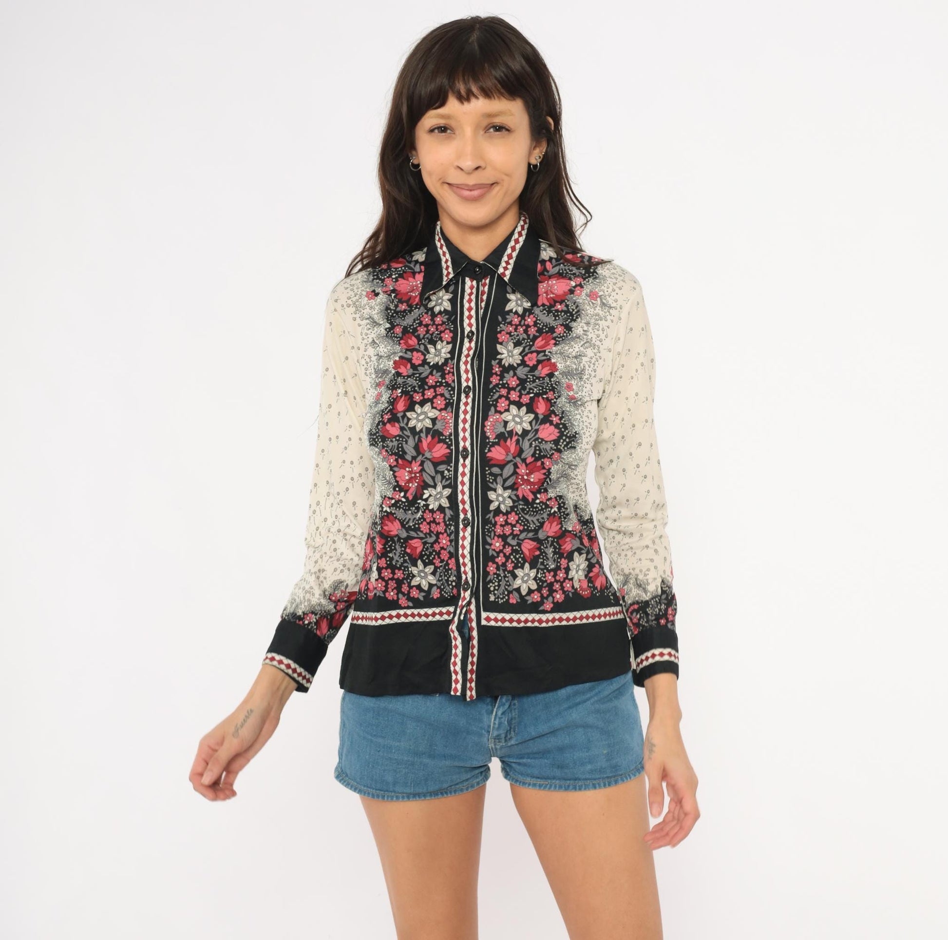 70s Floral Nylon Button-Front Blouse Black Red Cream Pointed Collar Small