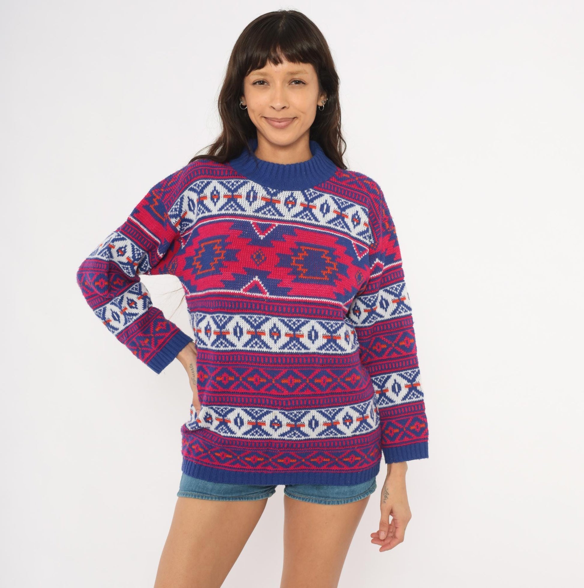90s Croquet Southwestern Geometric Knit Pullover Navy Blue Pink Medium M