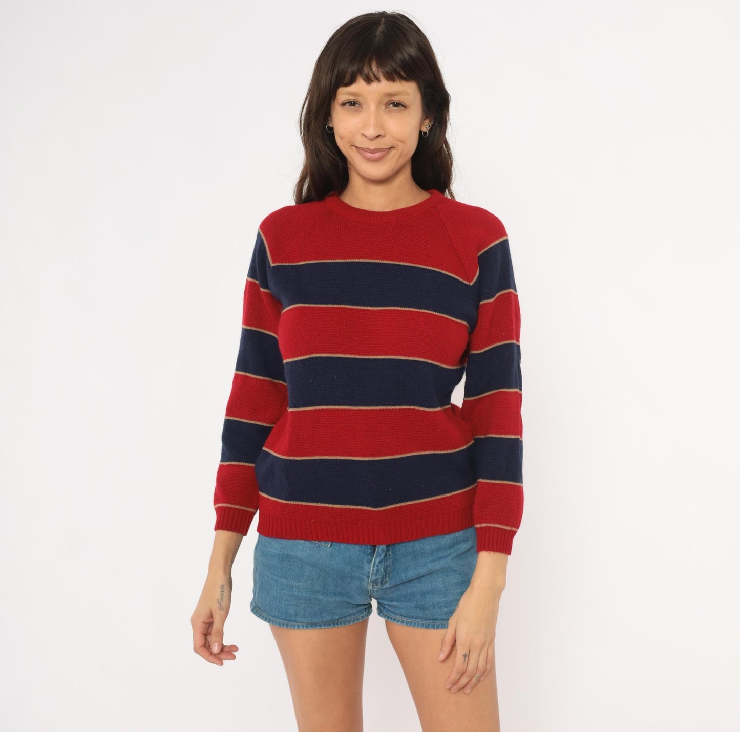 80s Striped Raglan Pullover Sweater Red Navy Burgundy Knit Small