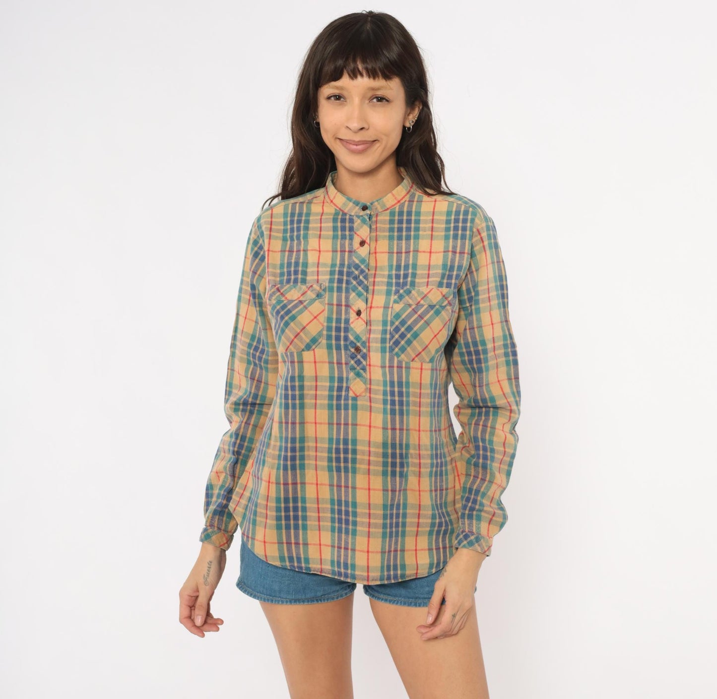 80s Hot Line Mervyns Plaid Henley Shirt Tan Navy Teal Red Cotton Small