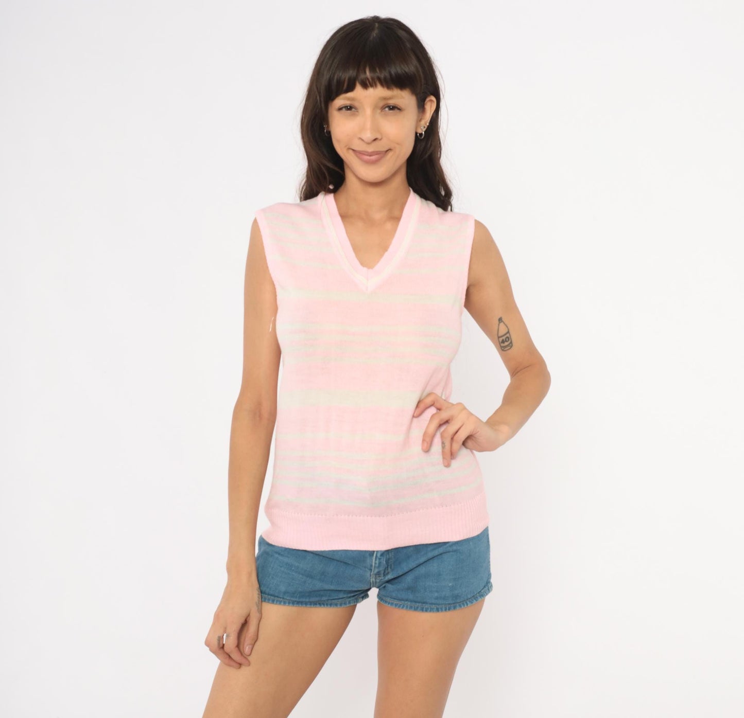 70s Pink White Striped Sweater Vest V Neck Sleeveless Knit Small