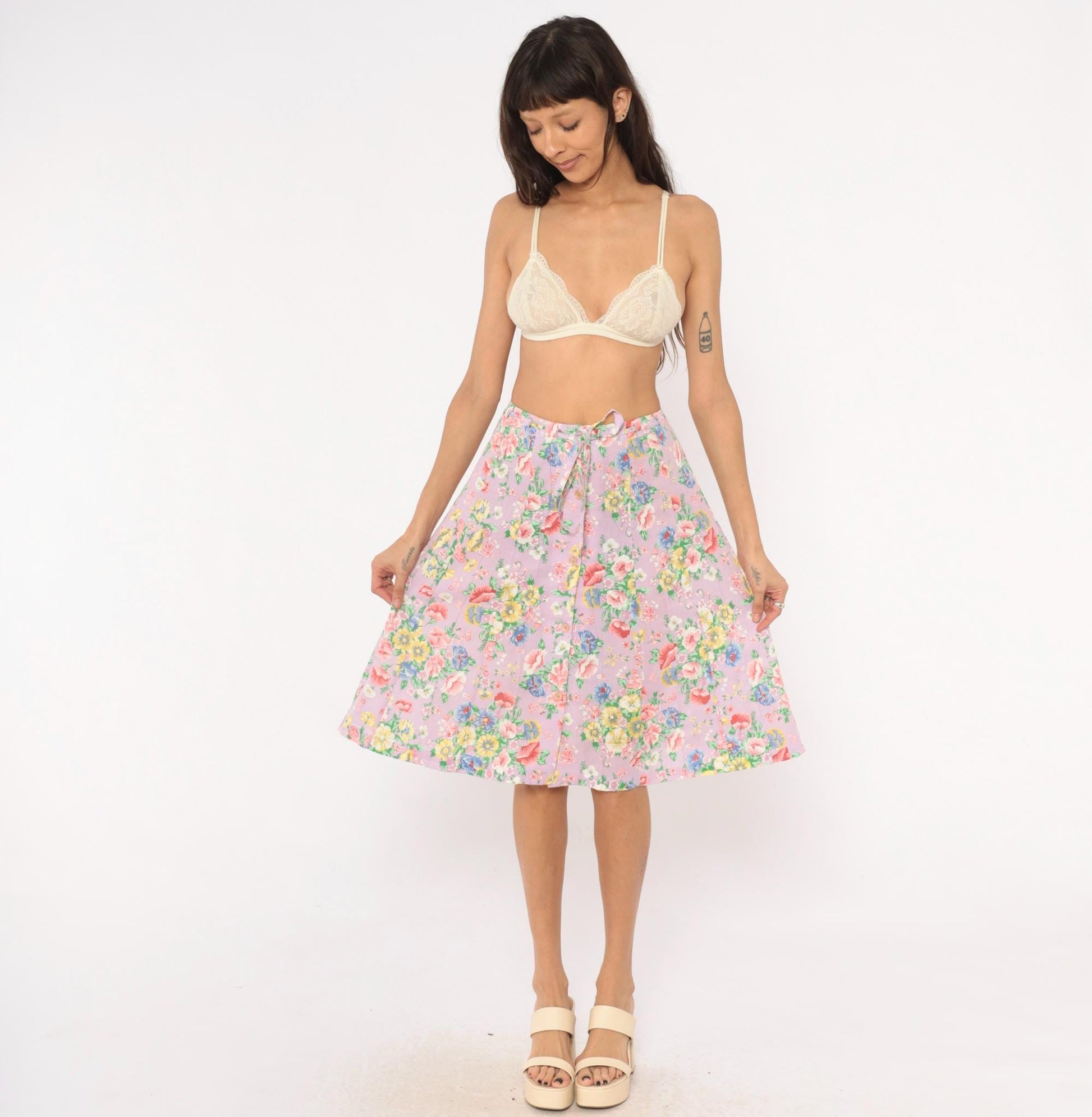 80s Lilac Floral Pleated Skirt Button Front Knee Length Cotton Small