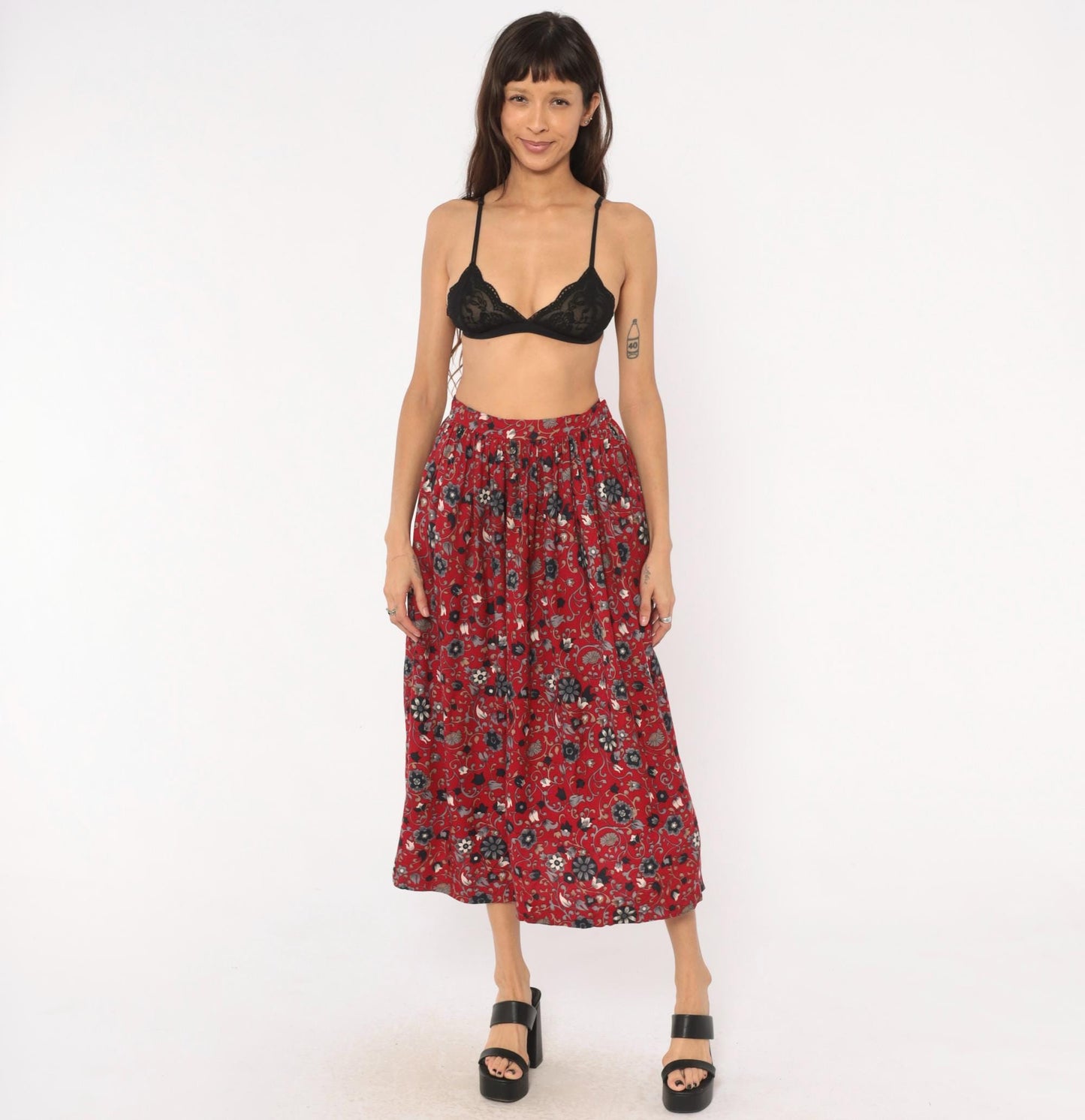 80s David Brooks Floral Midi Skirt Crimson Botanical Gathered Waist Small