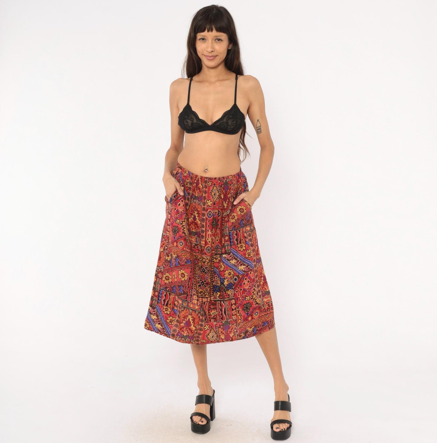 90s Block Island Patchwork Midi Skirt Kilim Print Red Burgundy Small