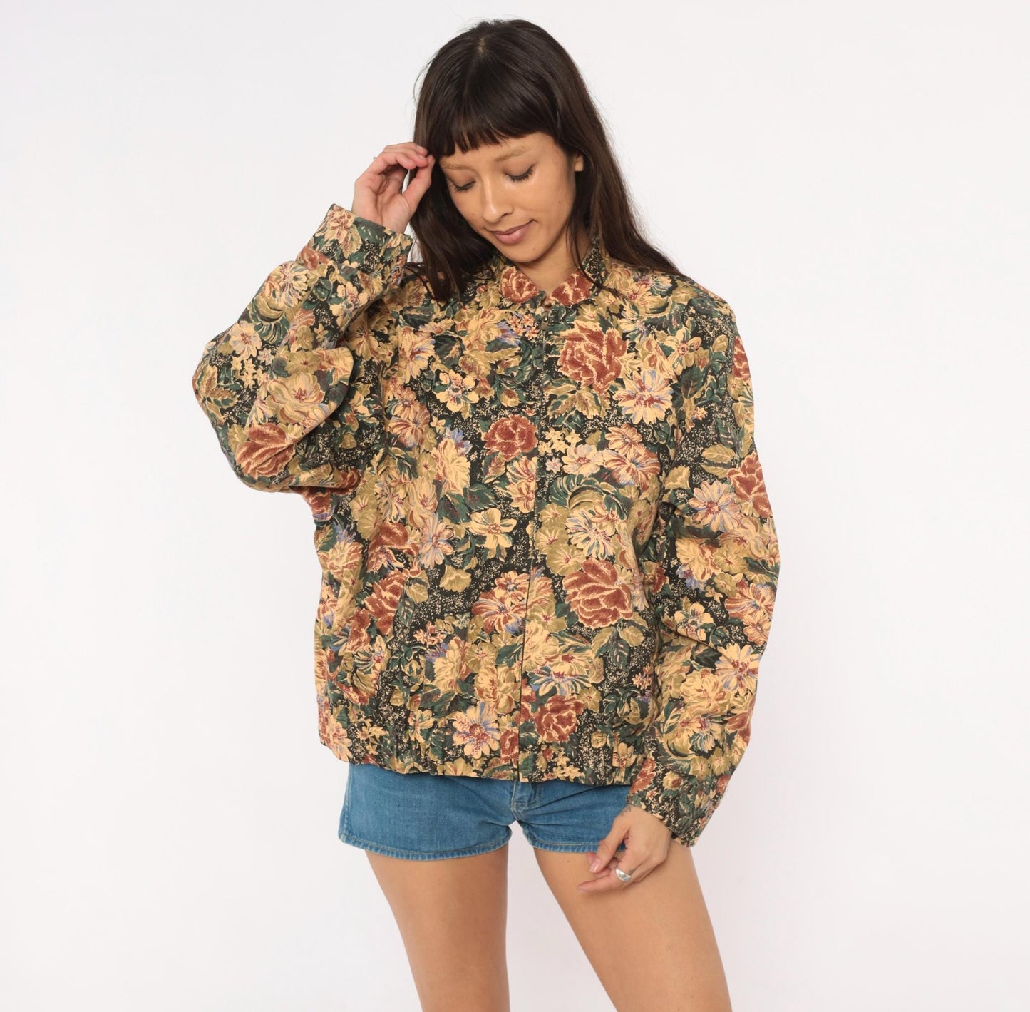 90s On The Verge Floral Tapestry Bomber Jacket Cotton Botanical Tan Burgundy Medium