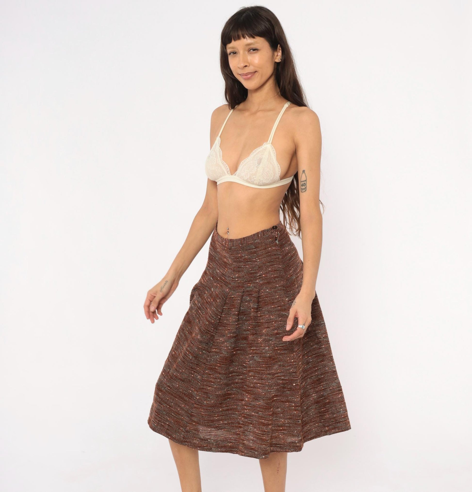 70s Brown Tweed Knit A-Line Midi Skirt Speckled Earth Tone Small