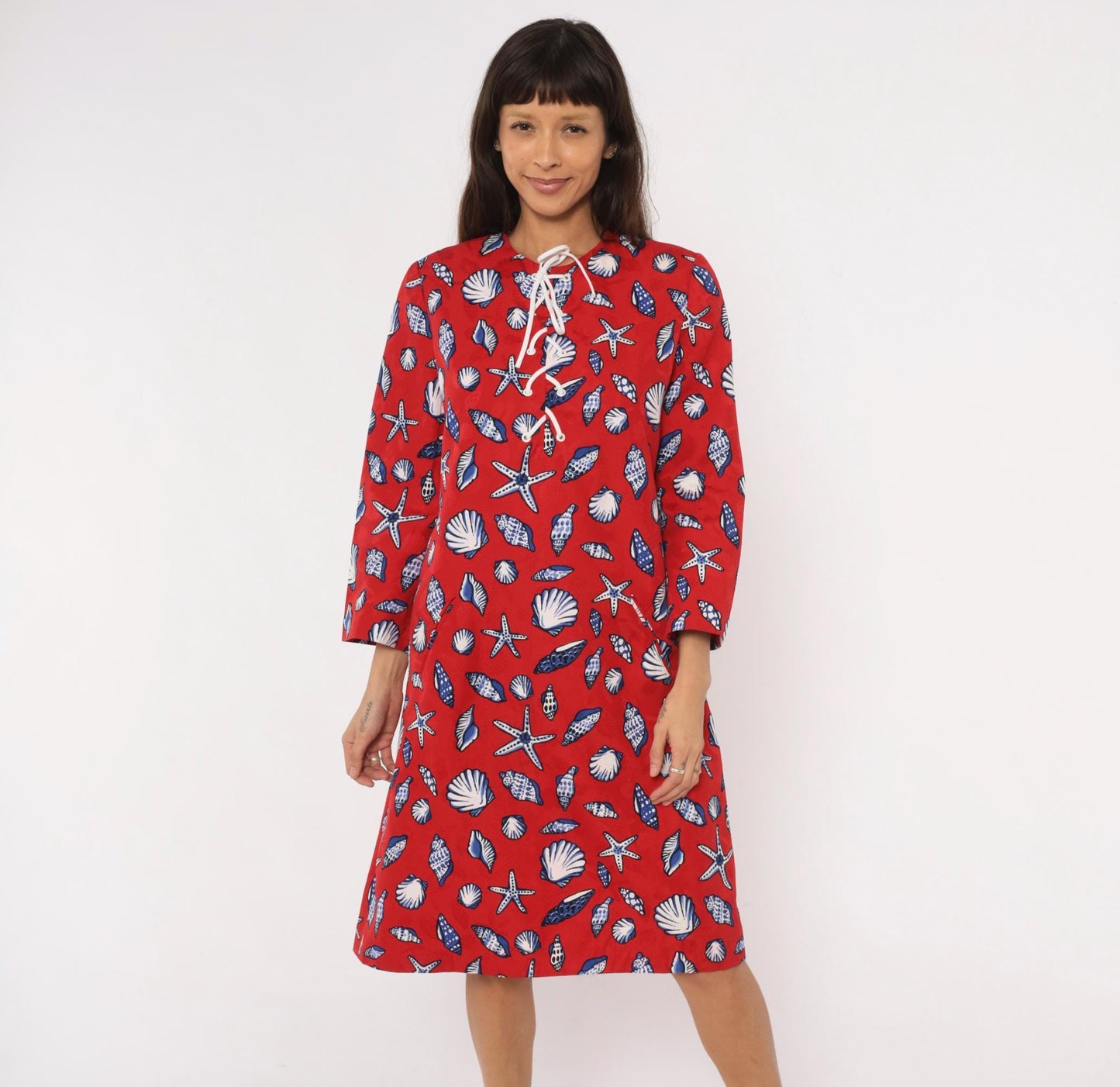 70s Bill Blass Seashell Starfish Print Shift Dress Red Cotton Lace-Up Large L