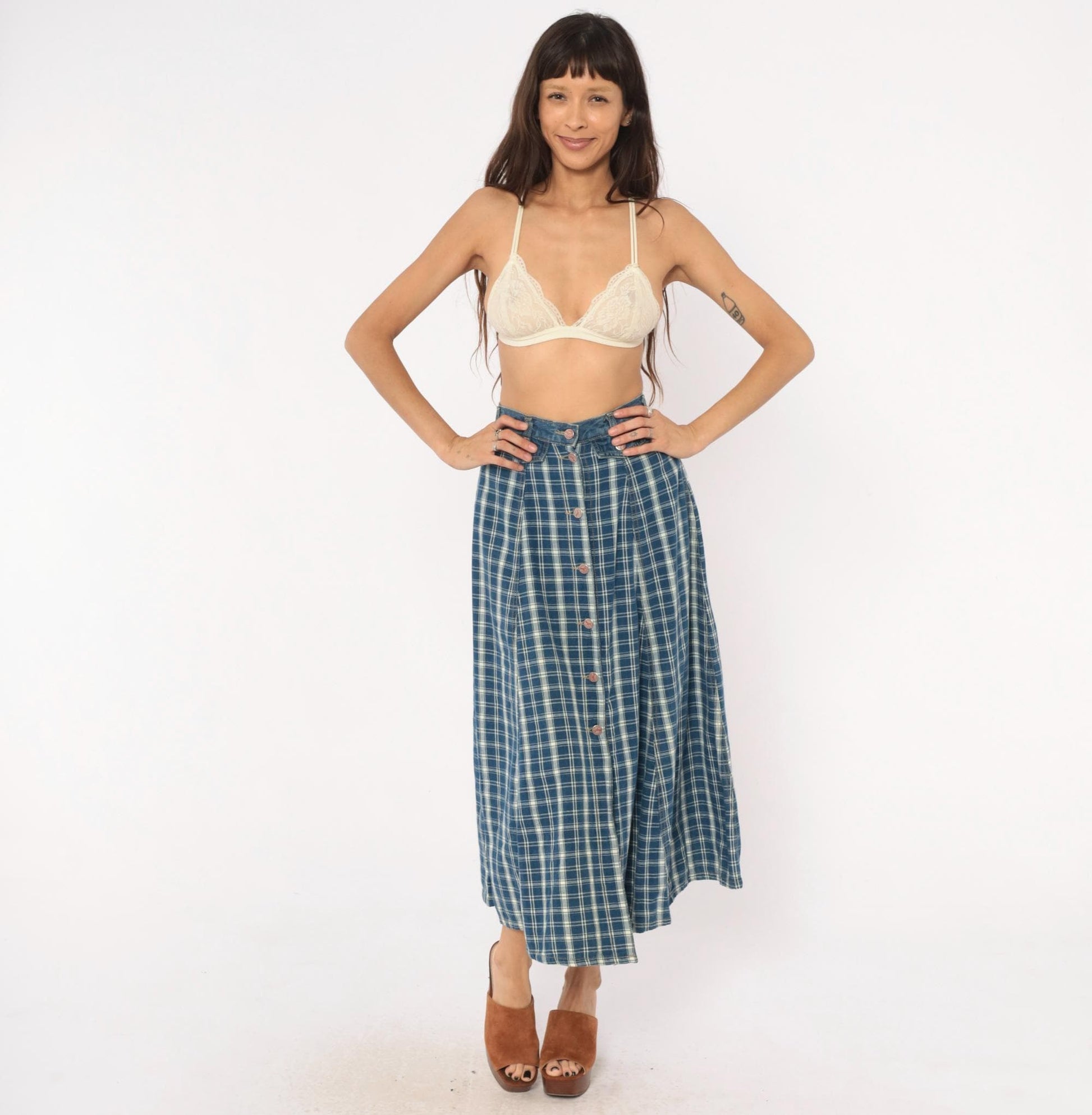 90s Outlaw Blue Plaid Cotton Midi Skirt Button Front XS
