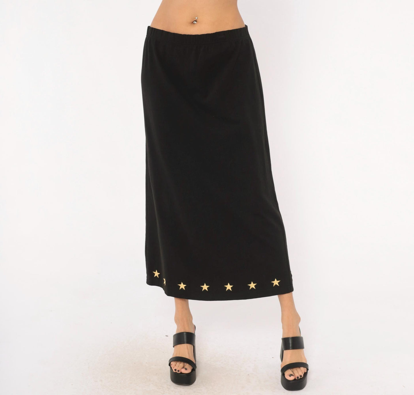 90s Quacker Factory Black Midi Skirt Gold Star Embroidered Medium M