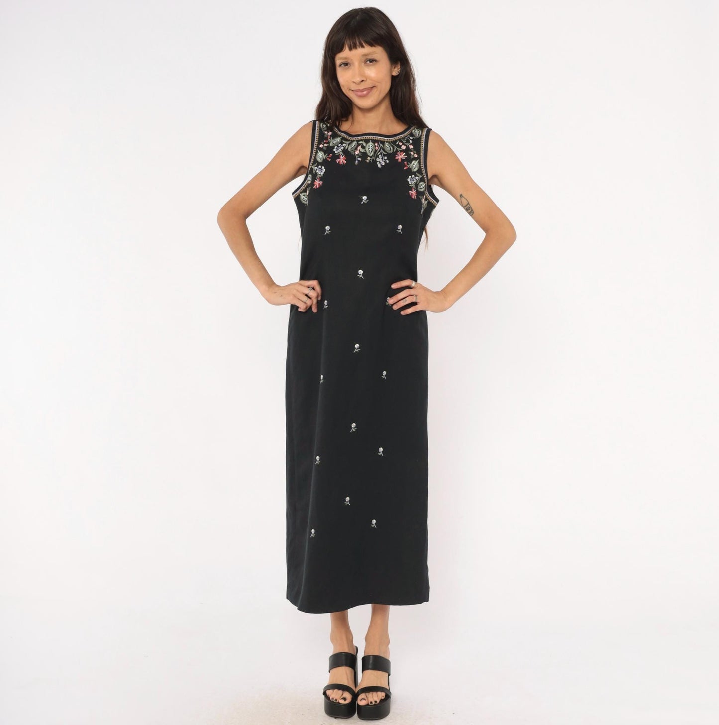 90s Jennifer Eden Black Embroidered Floral Maxi Dress V-Back Slit Medium M