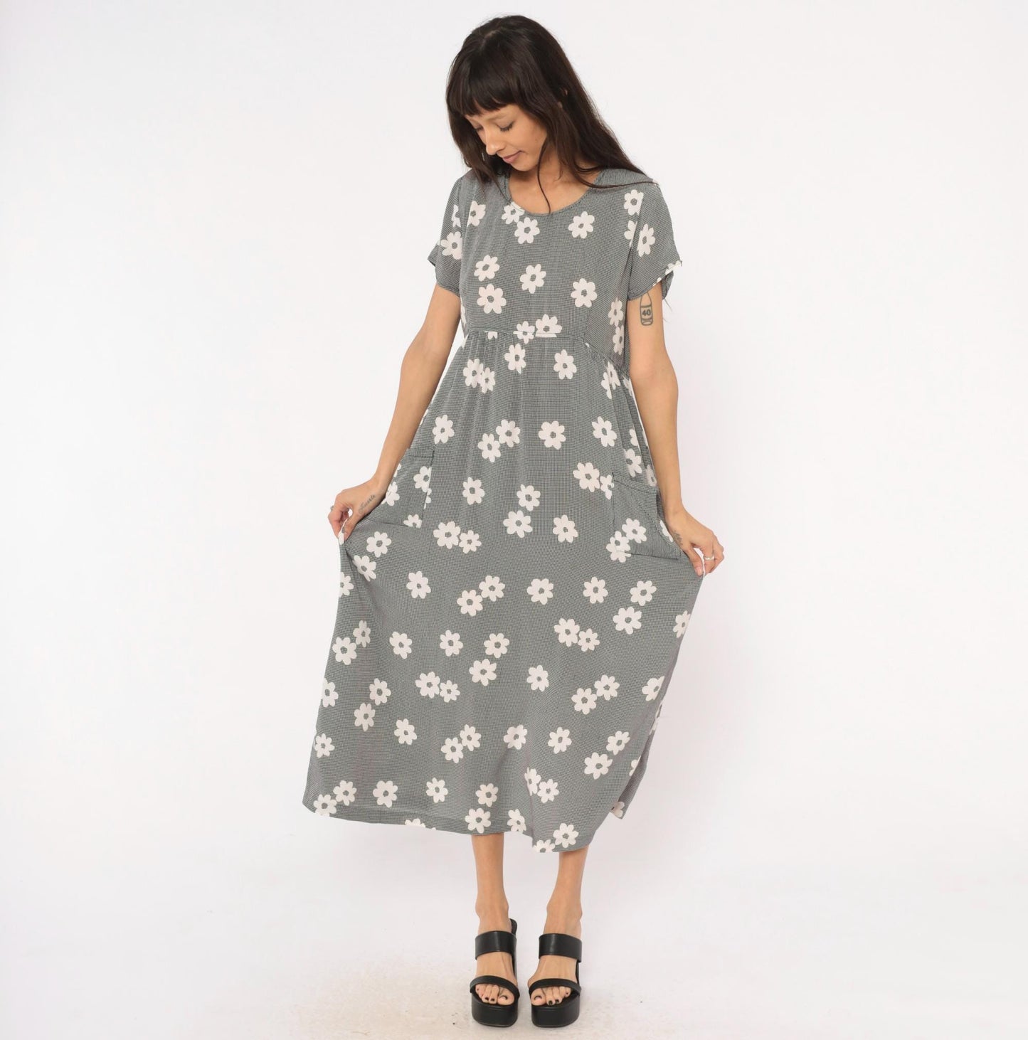 90s Navy Gingham Daisy Print Maxi Dress Drawstring Waist Medium M