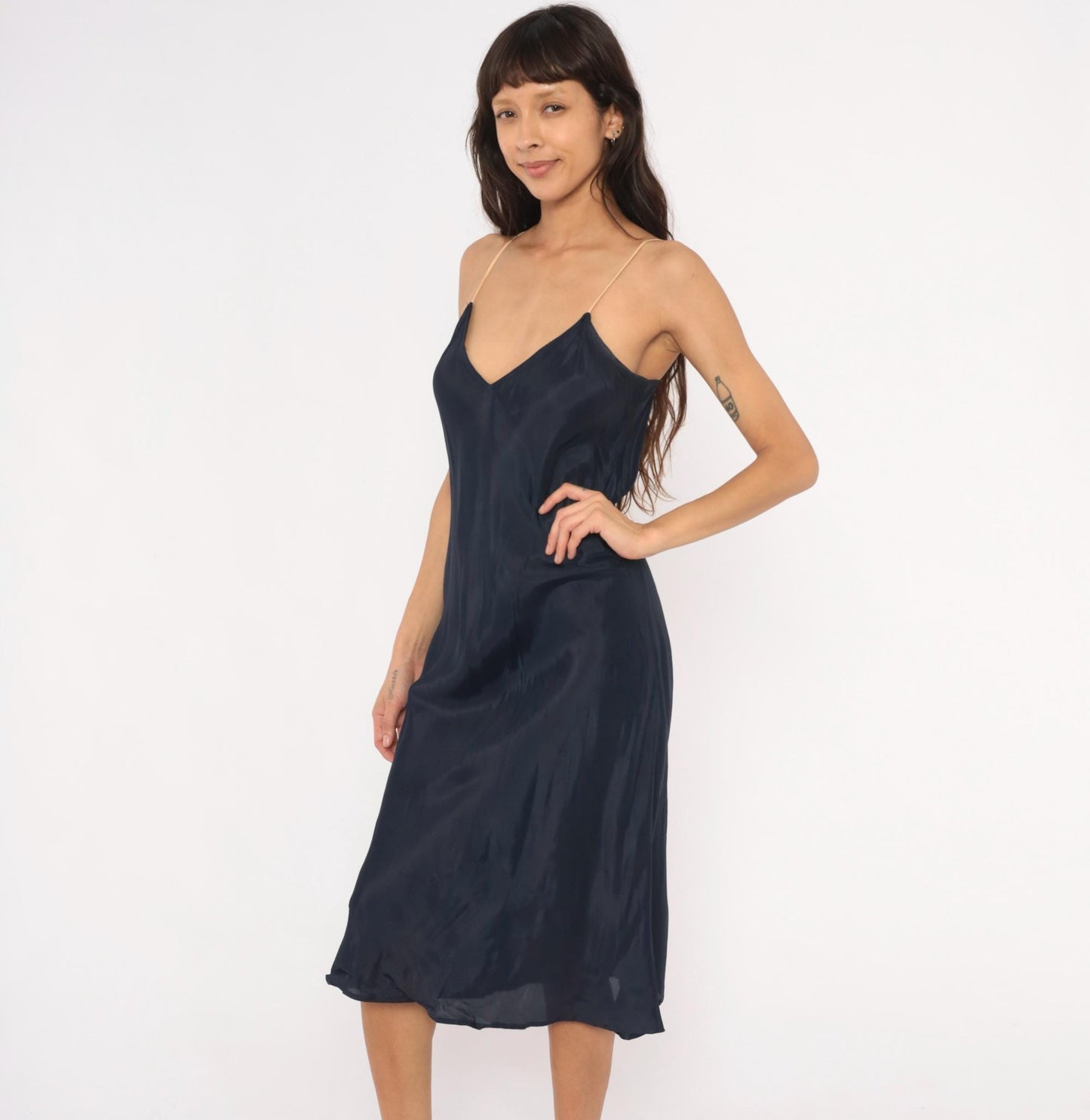 70s Navy Slip Dress Midi V-Neck Spaghetti Strap Acetate Small