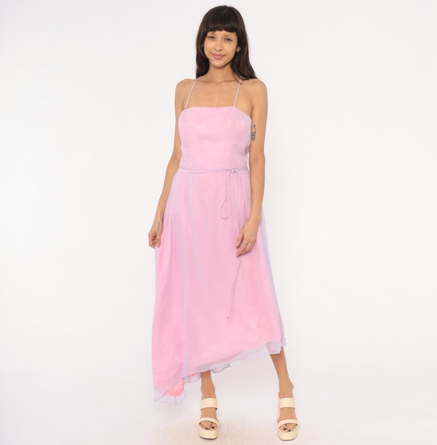90s Jim Hjelm Lilac Pink Chiffon Maxi Gown Spaghetti Strap Criss Cross Back Medium M