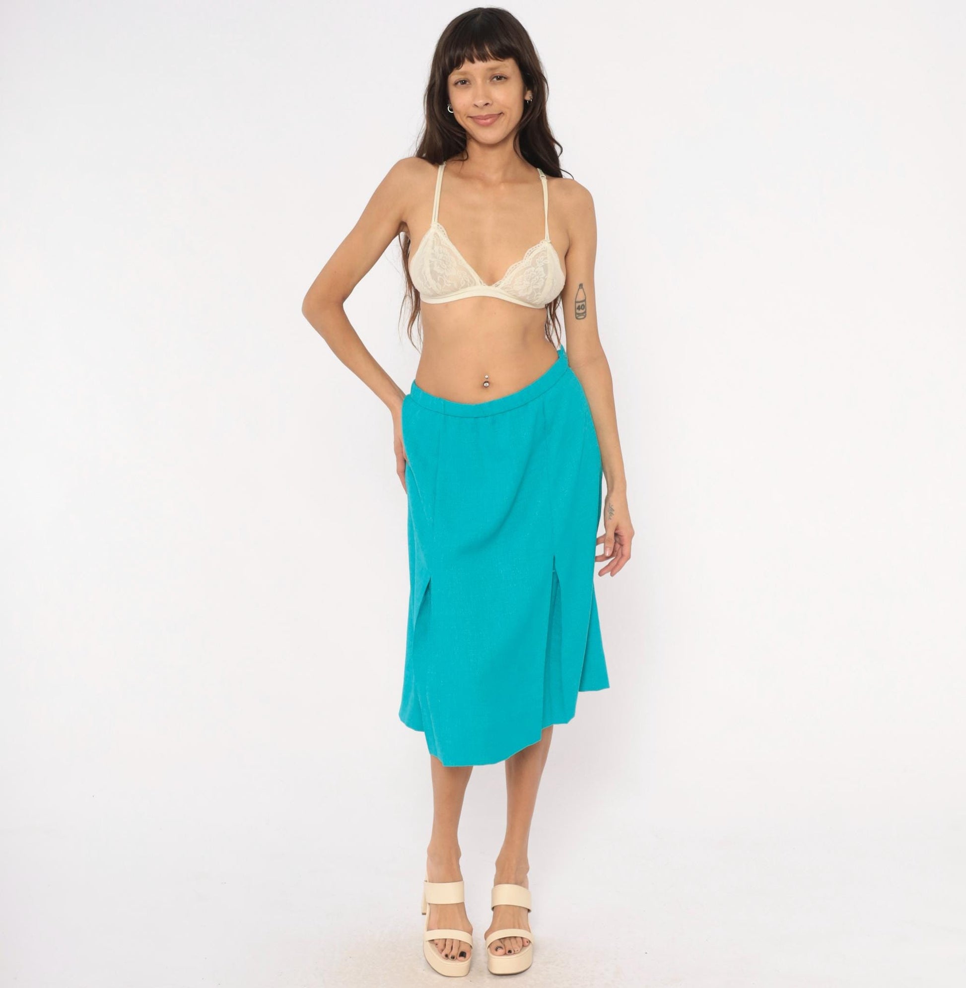 80s Teal Box Pleat Midi Skirt Turquoise A-Line Waistband Zip Large L