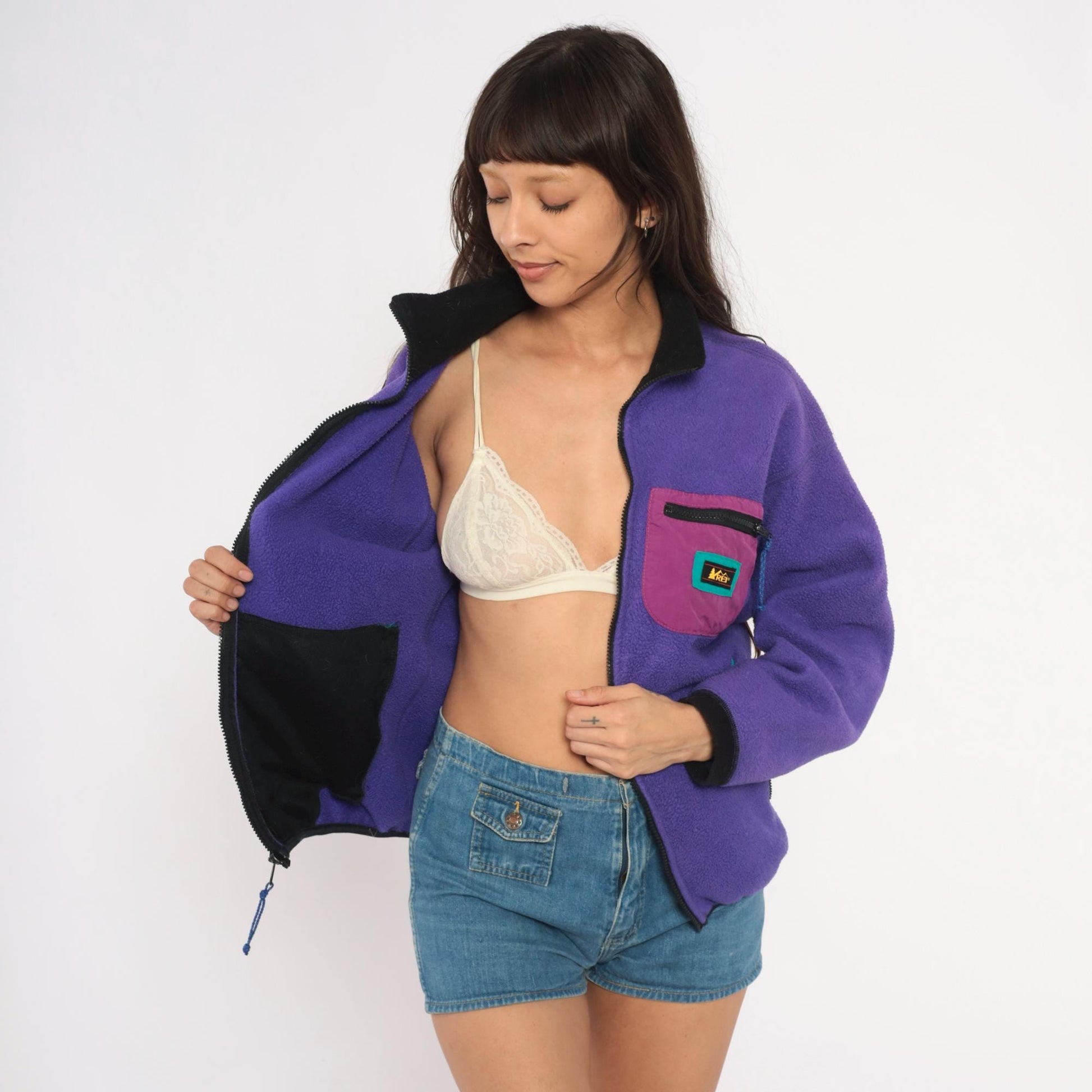 90s REI Purple Fleece Jacket Full Zip Colorblock Medium M