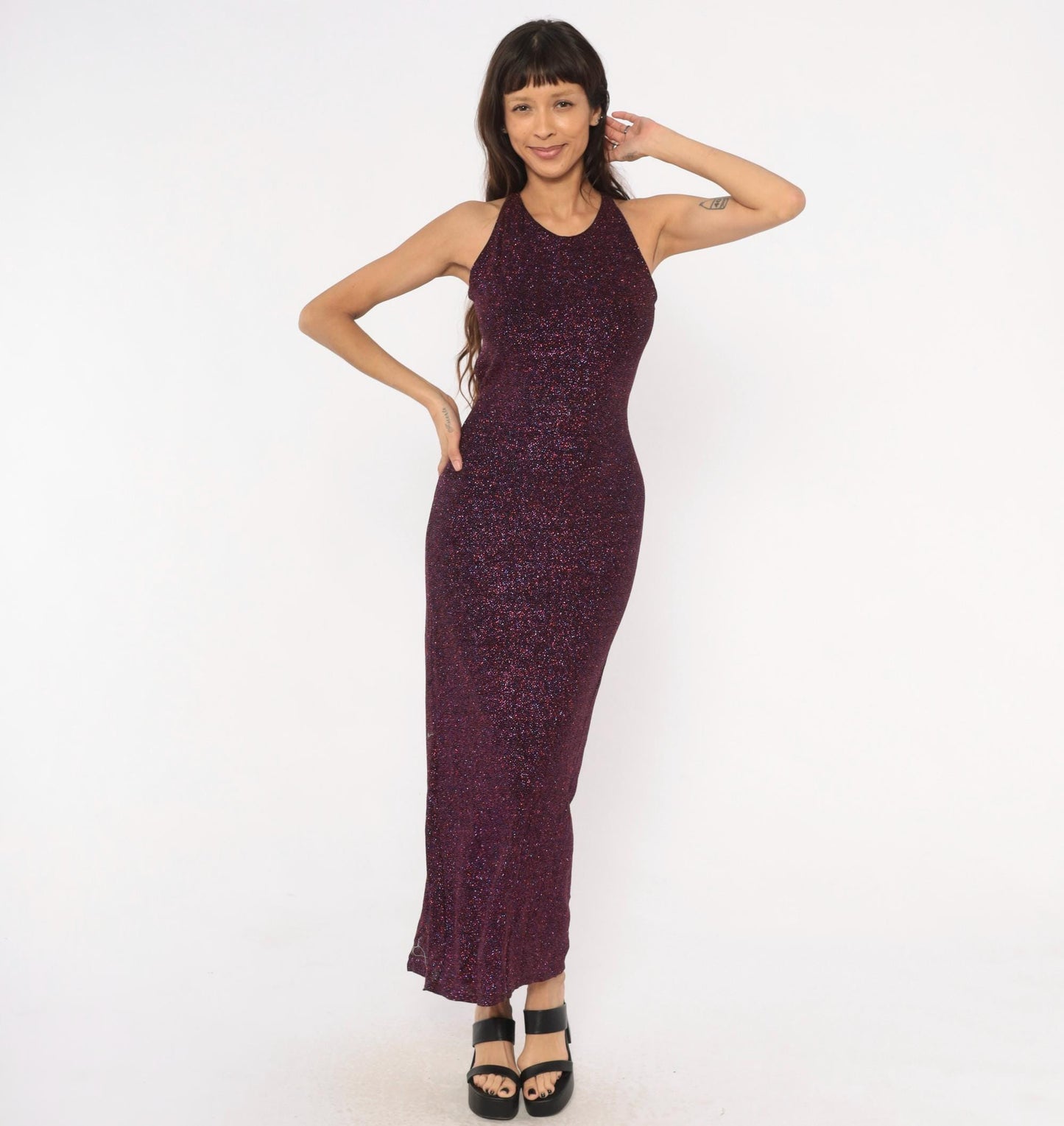 90s Jump Glitter Halter Maxi Dress Plum Purple Open Back Small S